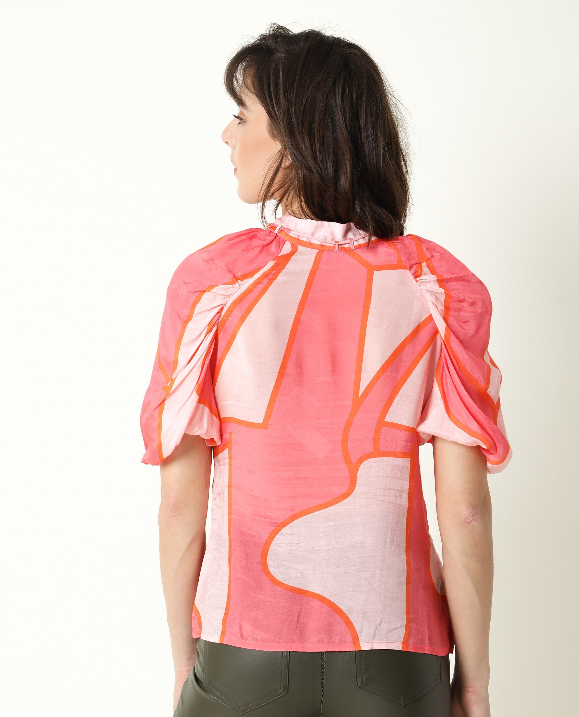 Rareism Women Theos Pink Cotton Silk Fabric Flared V-Neck Half Sleeves Abstract Print Top