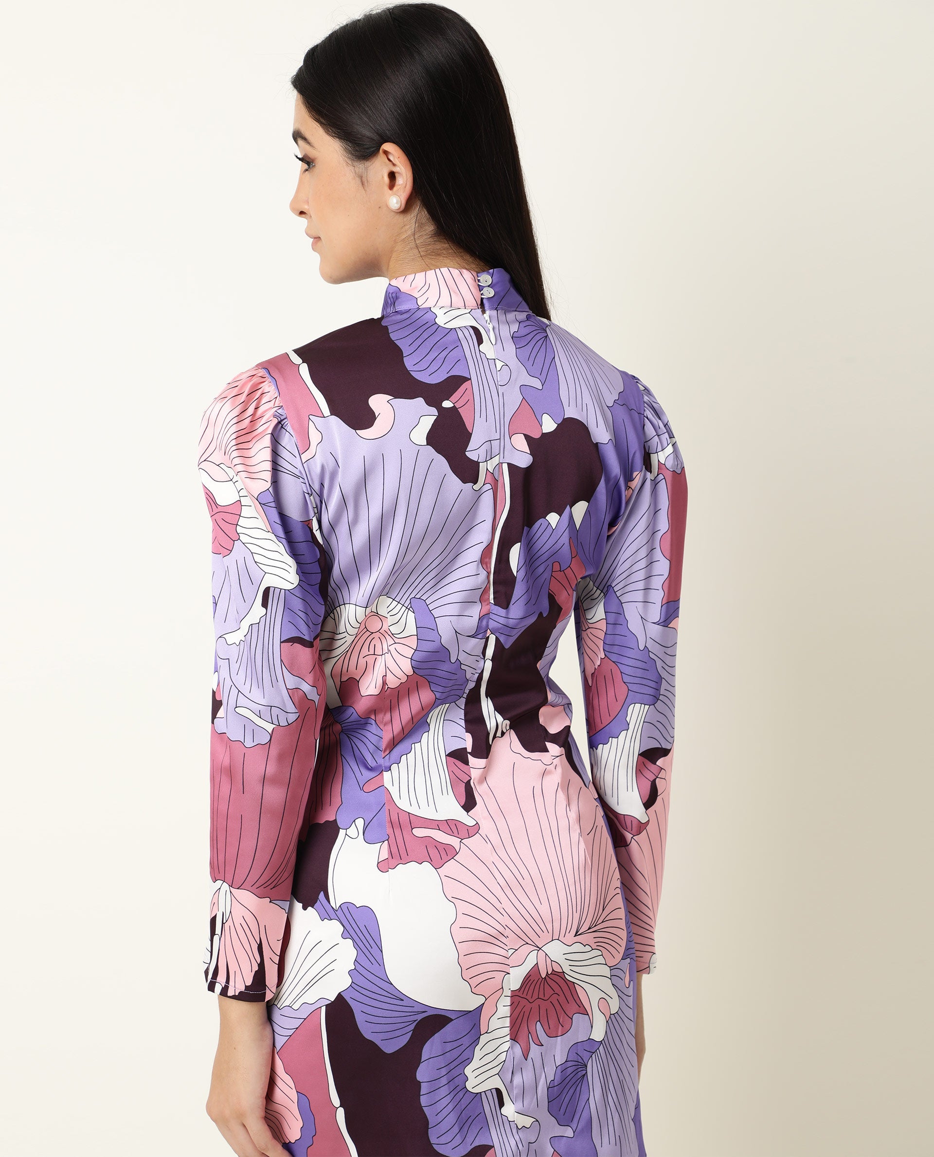 Rareism Women Mylah Multi Floral Print High Neck Collar Full Sleeves With Pockets Mini Dress