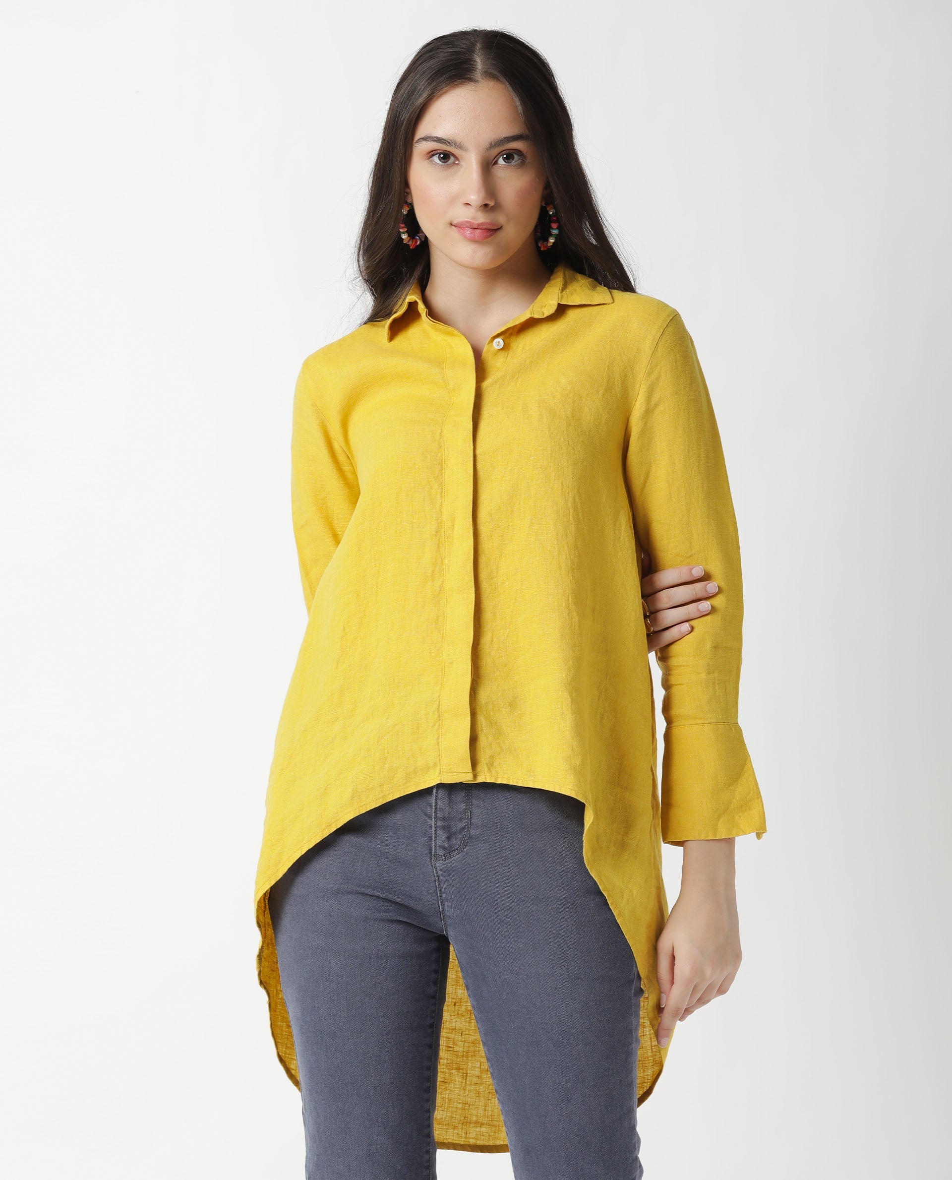 Rareism Women Comfo Yellow Linen Fabric Relaxed Fit Shirt Collar Full Sleeves Solid Top