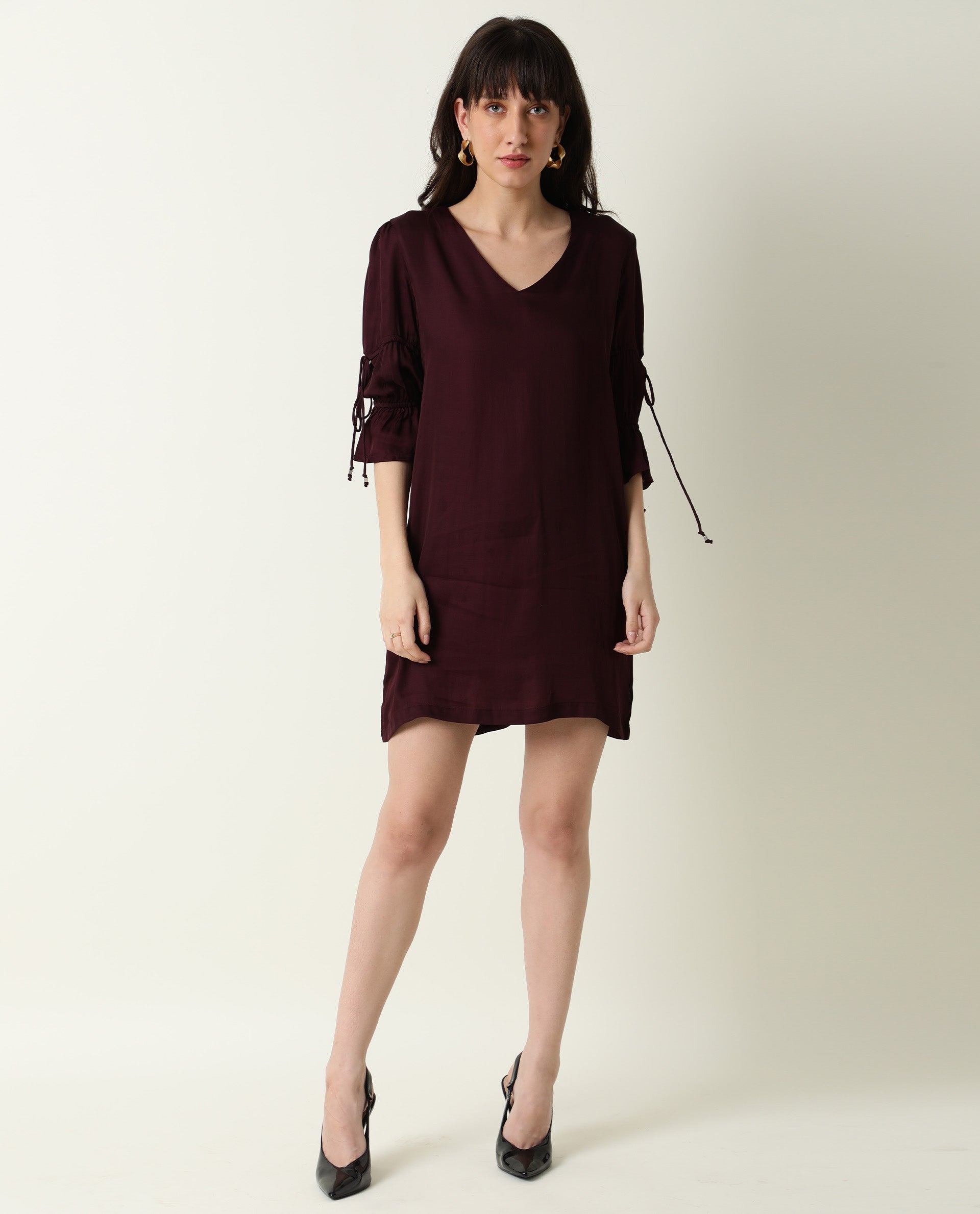 Rareism Women Jamm Maroon V Neck 3/4 Sleeves With Tie Up Mini Dress