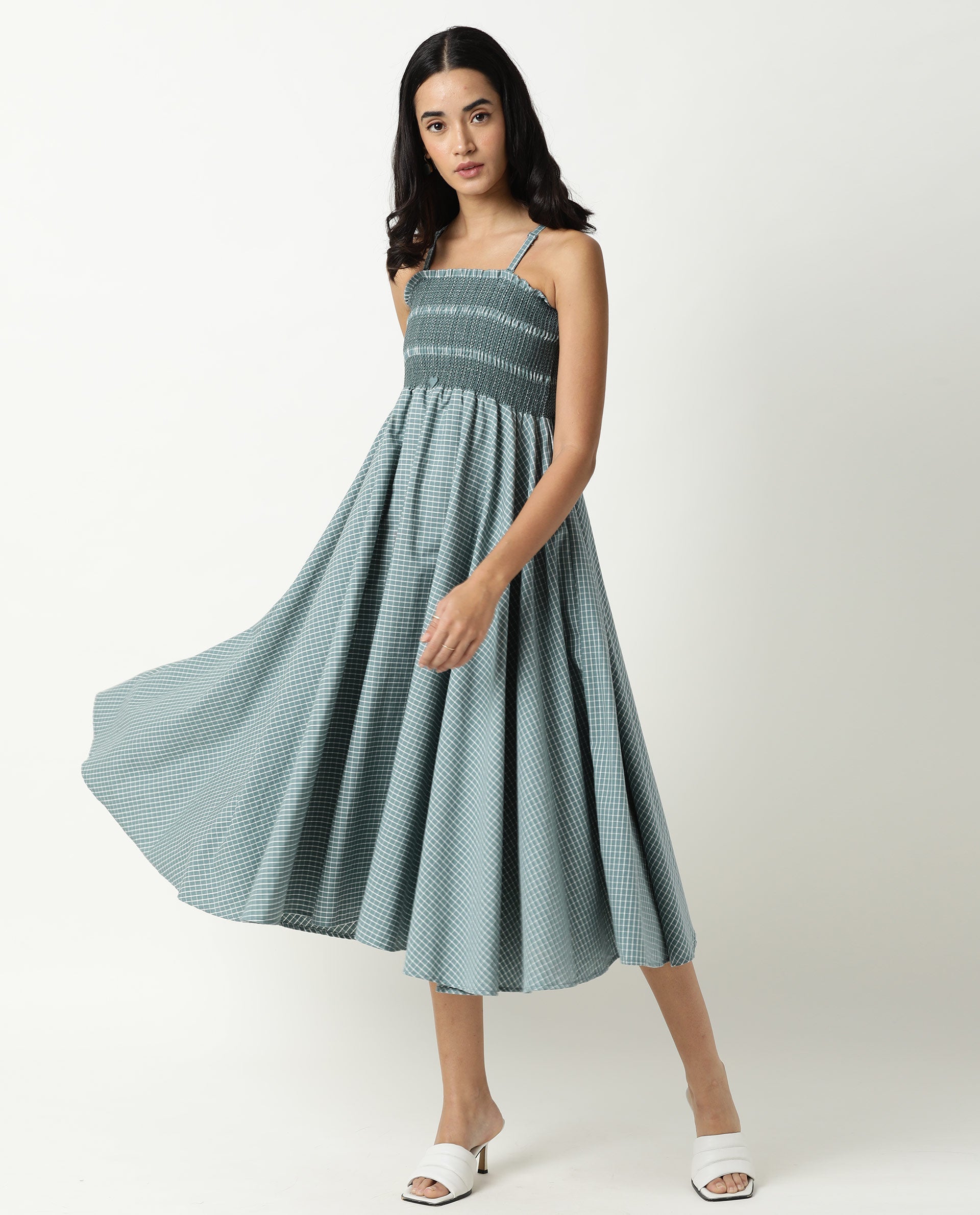 Rareism Womens Ald Green Dress Cotton Linen Fabric Regular Fit Sleeveless Square Neck