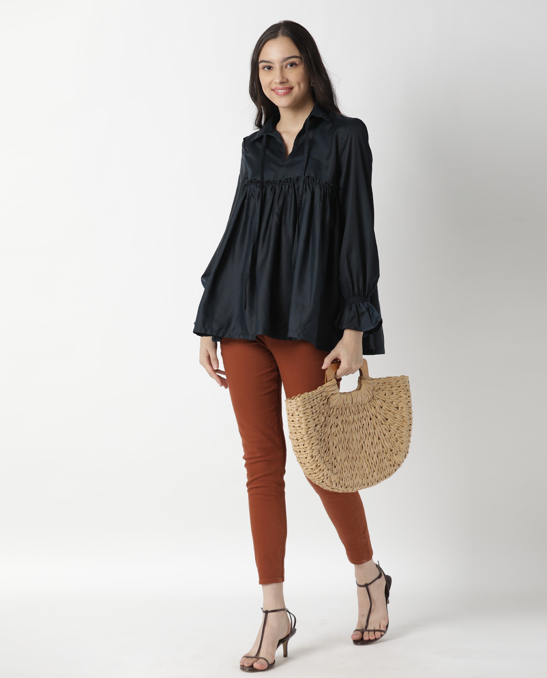 Rareism Women Poet Petrol Polyester Fabric Relaxed Fit Tie-Up Neck Full Sleeves Solid Top