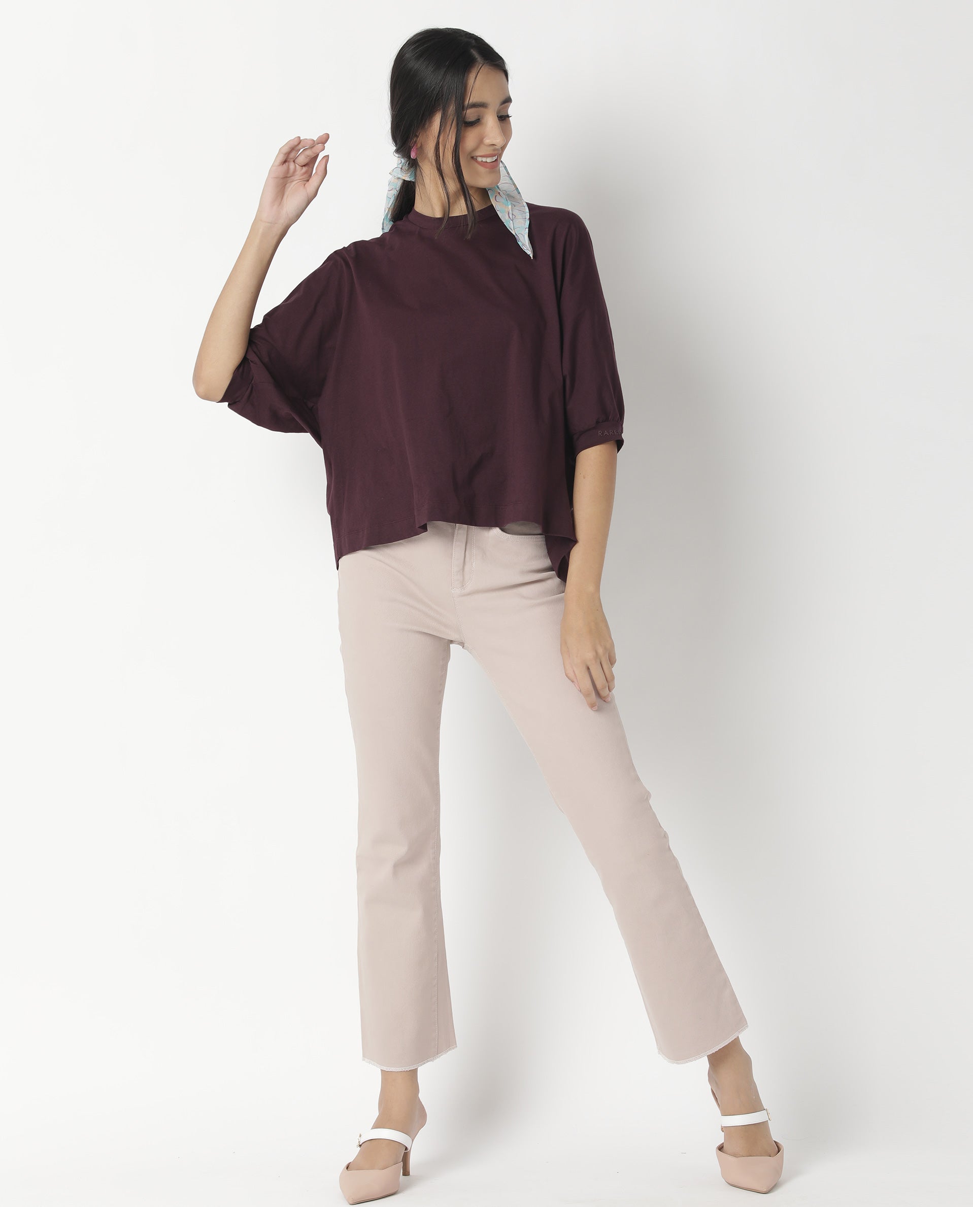 Rareism Womens Osmo Maroon Top Cotton Fabric Regular Fit Volume Sleeve Round Neck