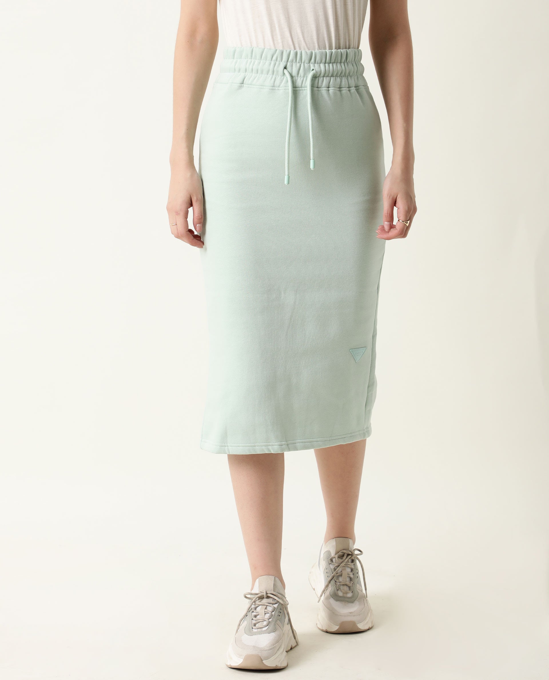 Rareism Women Fudge Green Poly Cotton Fabric Tailored Fit High Rise Solid Midi Skirt