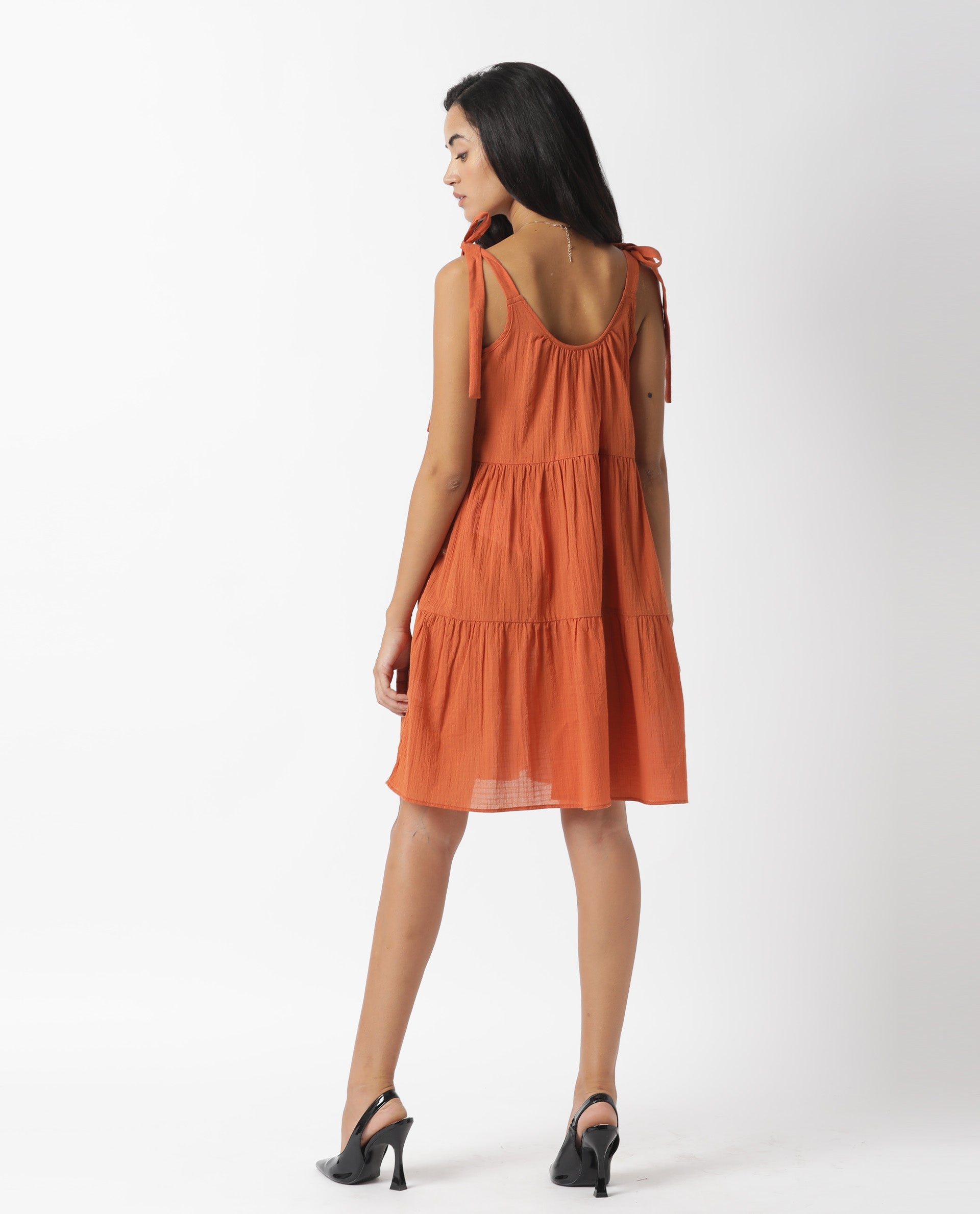 Rareism Women Melt Dark Rust Round Neck Tie Up Shoulder Straps Tiered Knee Length Dress