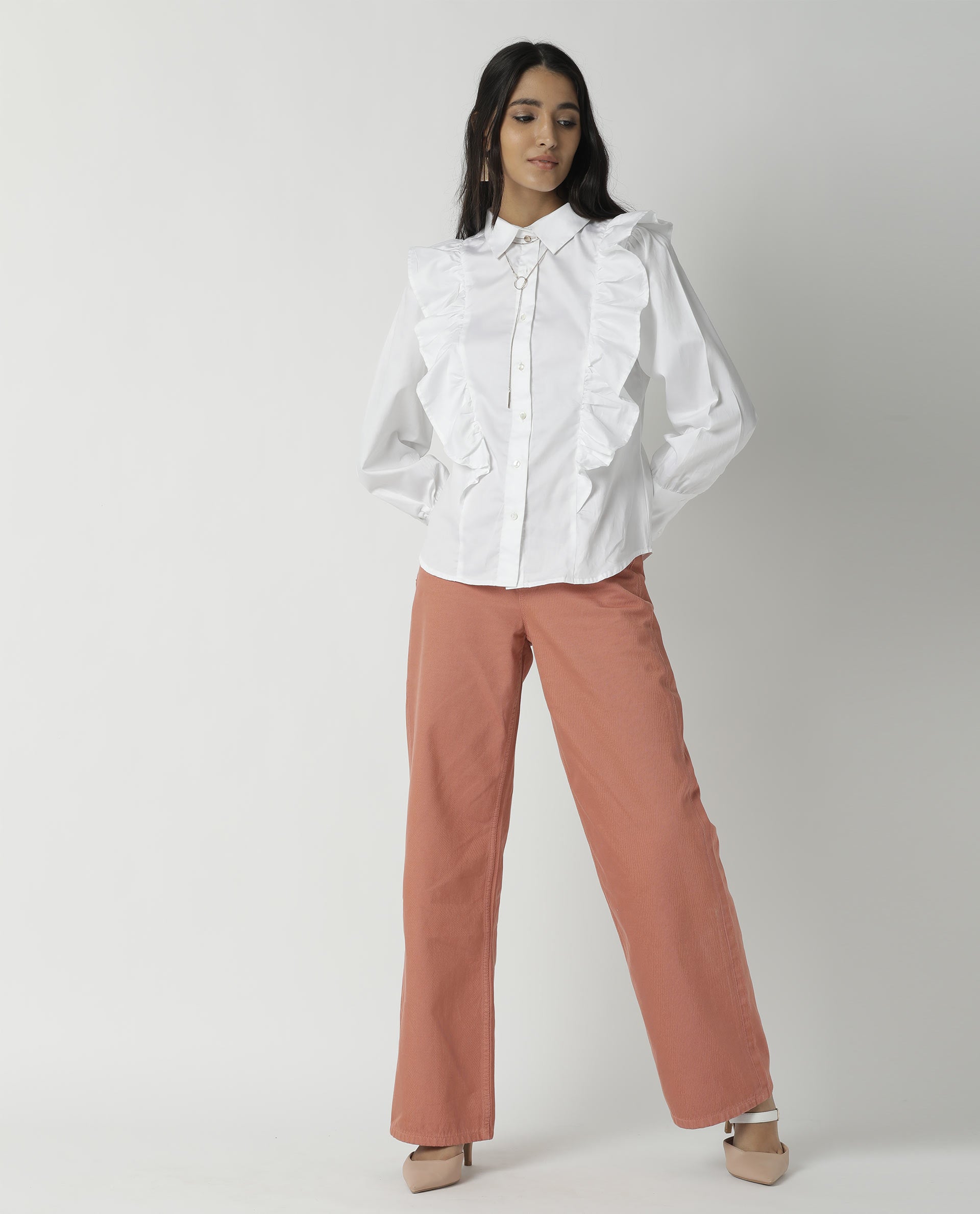 Rareism Womens Fiona White Top Cotton Lycra Fabric Regular Fit Cuffed Sleeve Collared Neck