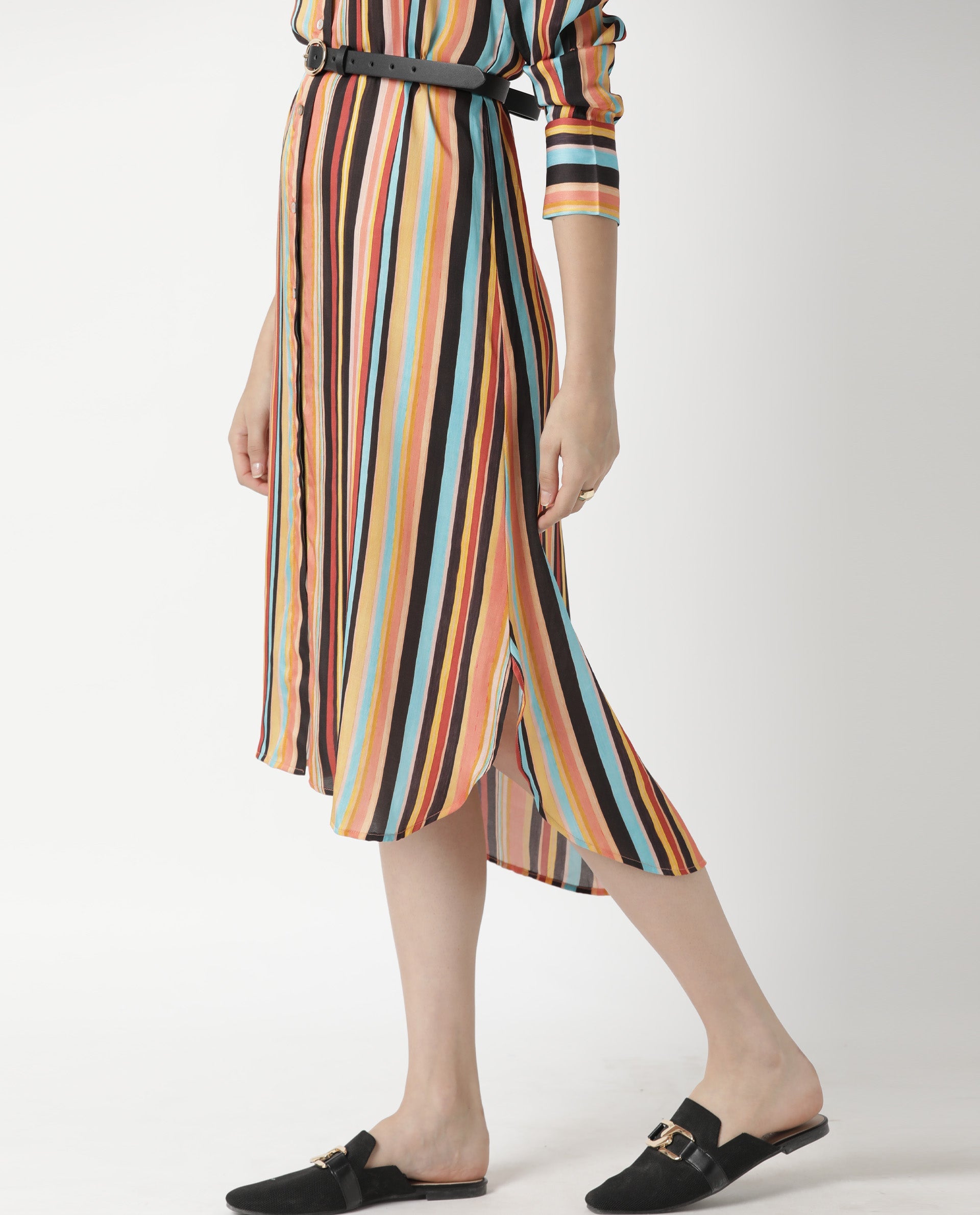 Rareism Women Mathers Brown Striped Shirt Collar Full Sleeves Cuff Full Front Button Placket Pockets Side Slit Midi Dress