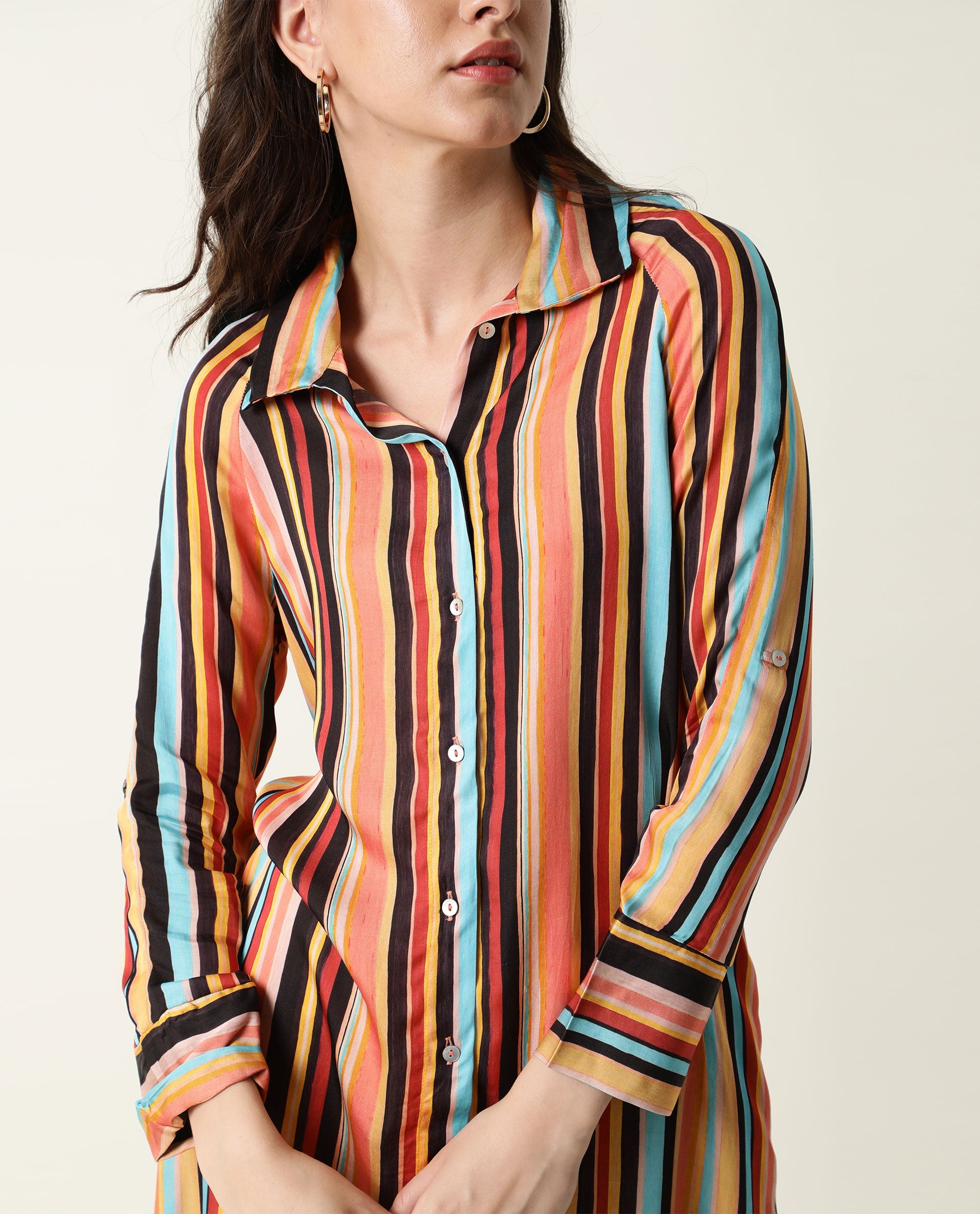 Rareism Women Mathers Brown Striped Shirt Collar Full Sleeves Cuff Full Front Button Placket Pockets Side Slit Midi Dress