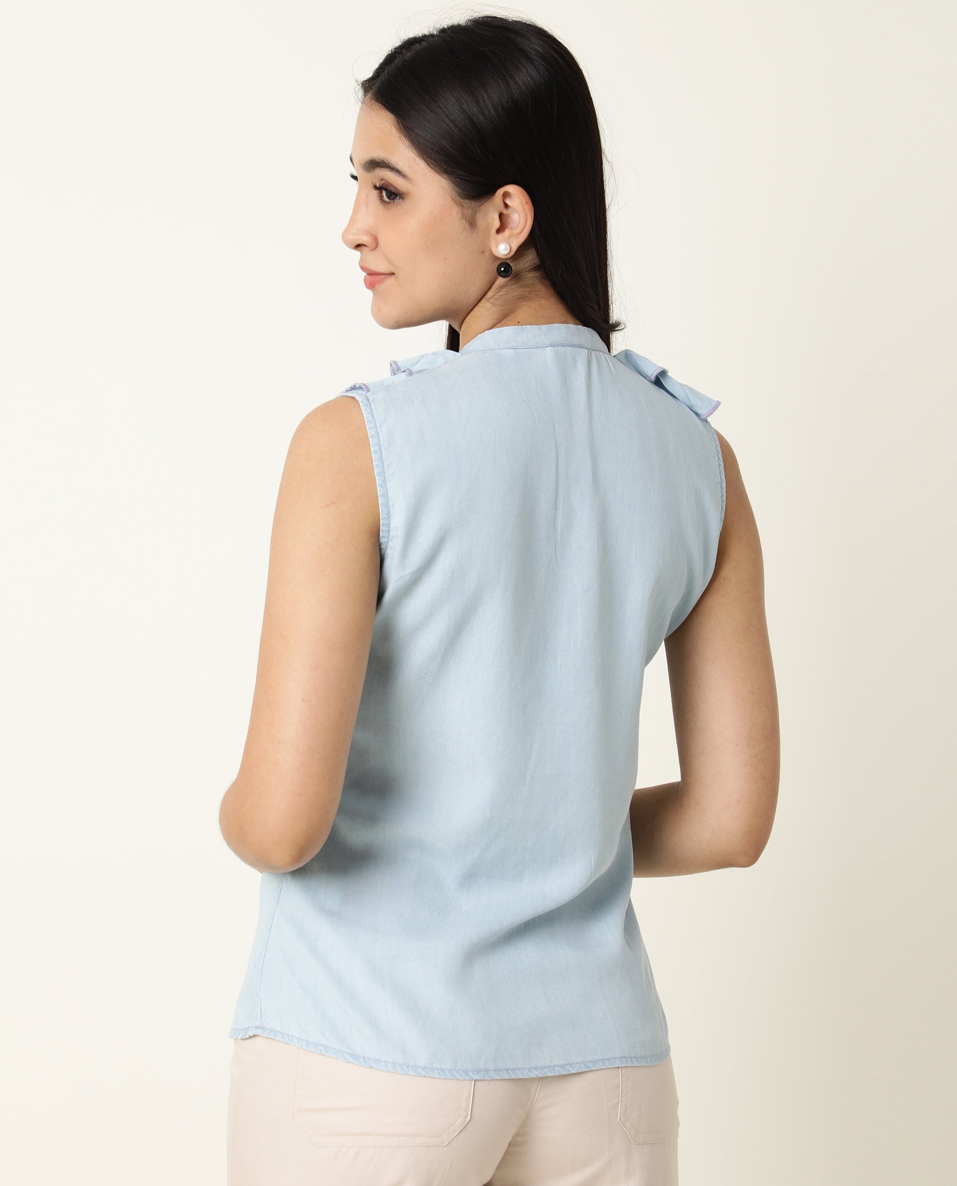 Rareism Women Cage Light Blue Tencel Fabric Tailored Fit Key Hole Neck Sleeveless Solid Top