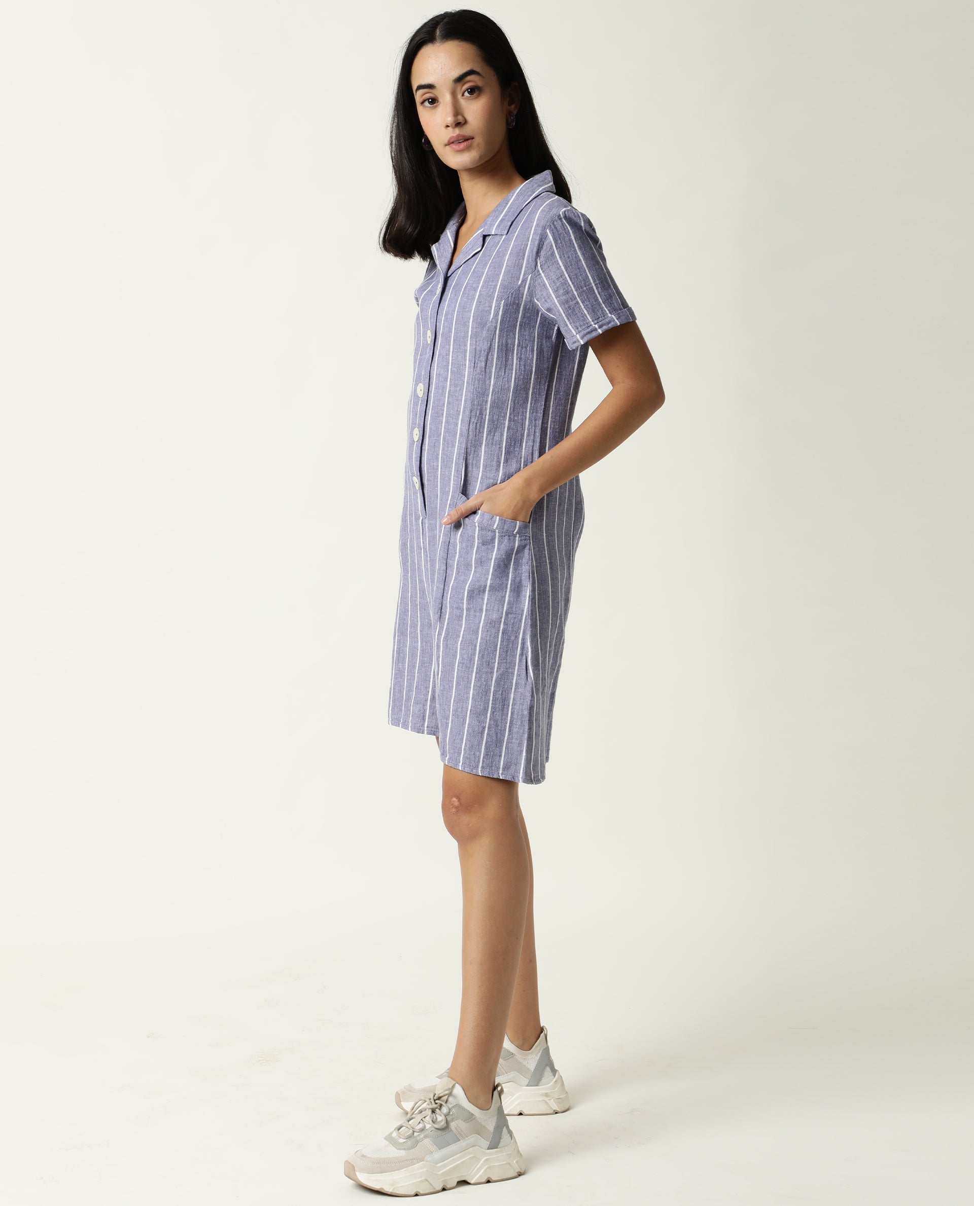 Rareism Women Lucio Blue Cotton Linen Fabric Tailored Fit Shirt Collar Striped Playsuit