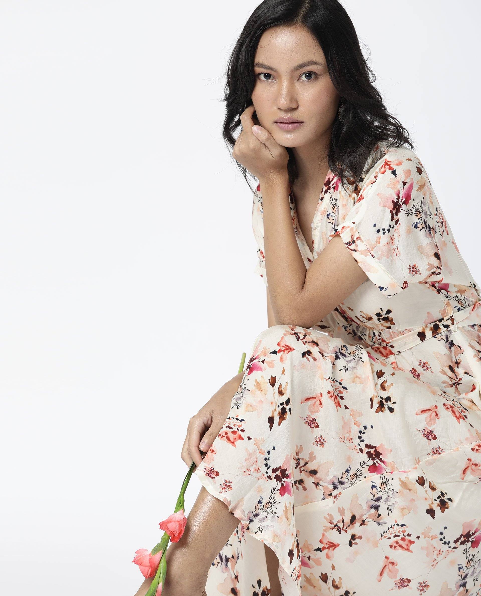 Rareism Womens Fling Off White Dress Cotton Silk Fabric Relaxed Fit Drop Shoulder Half Sleeve A Line Dress Long Length