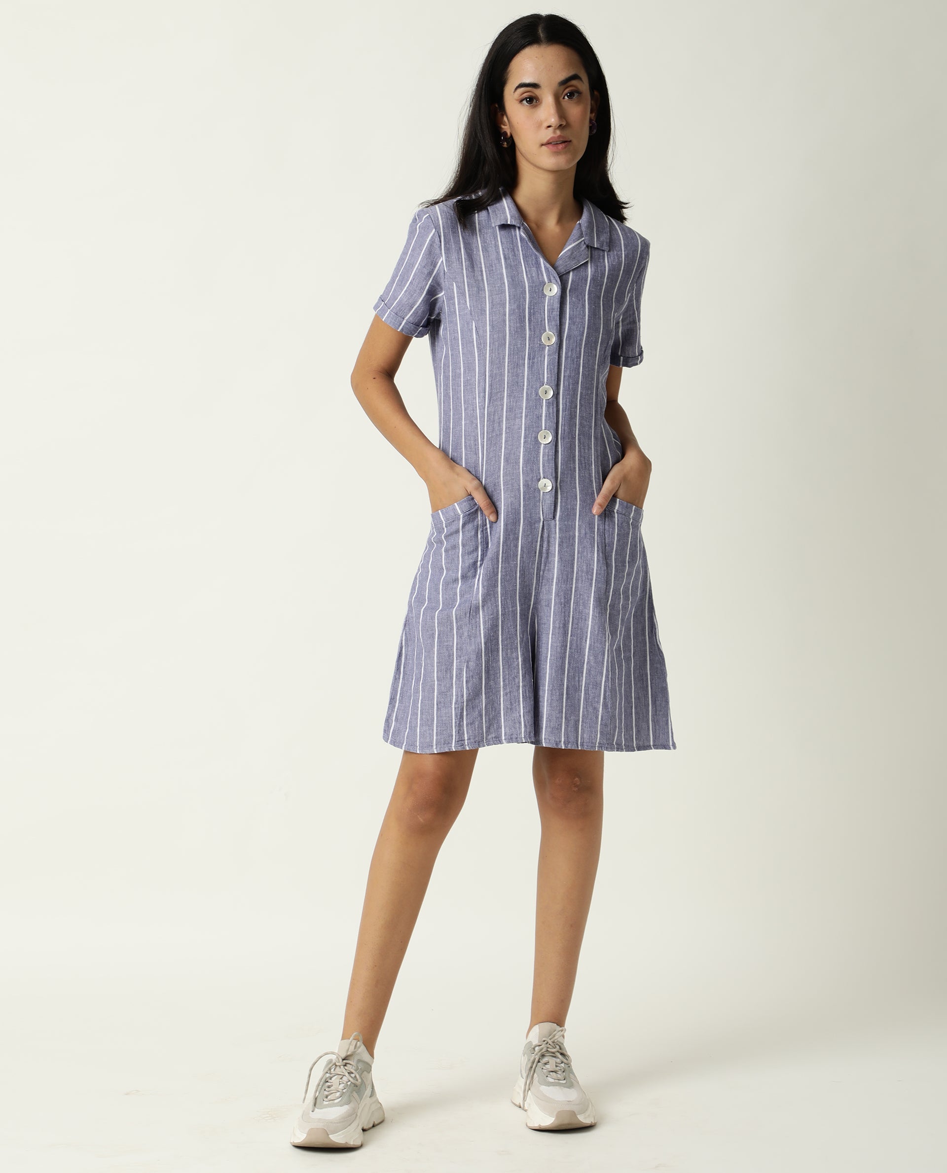Rareism Women Lucio Blue Cotton Linen Fabric Tailored Fit Shirt Collar Striped Playsuit