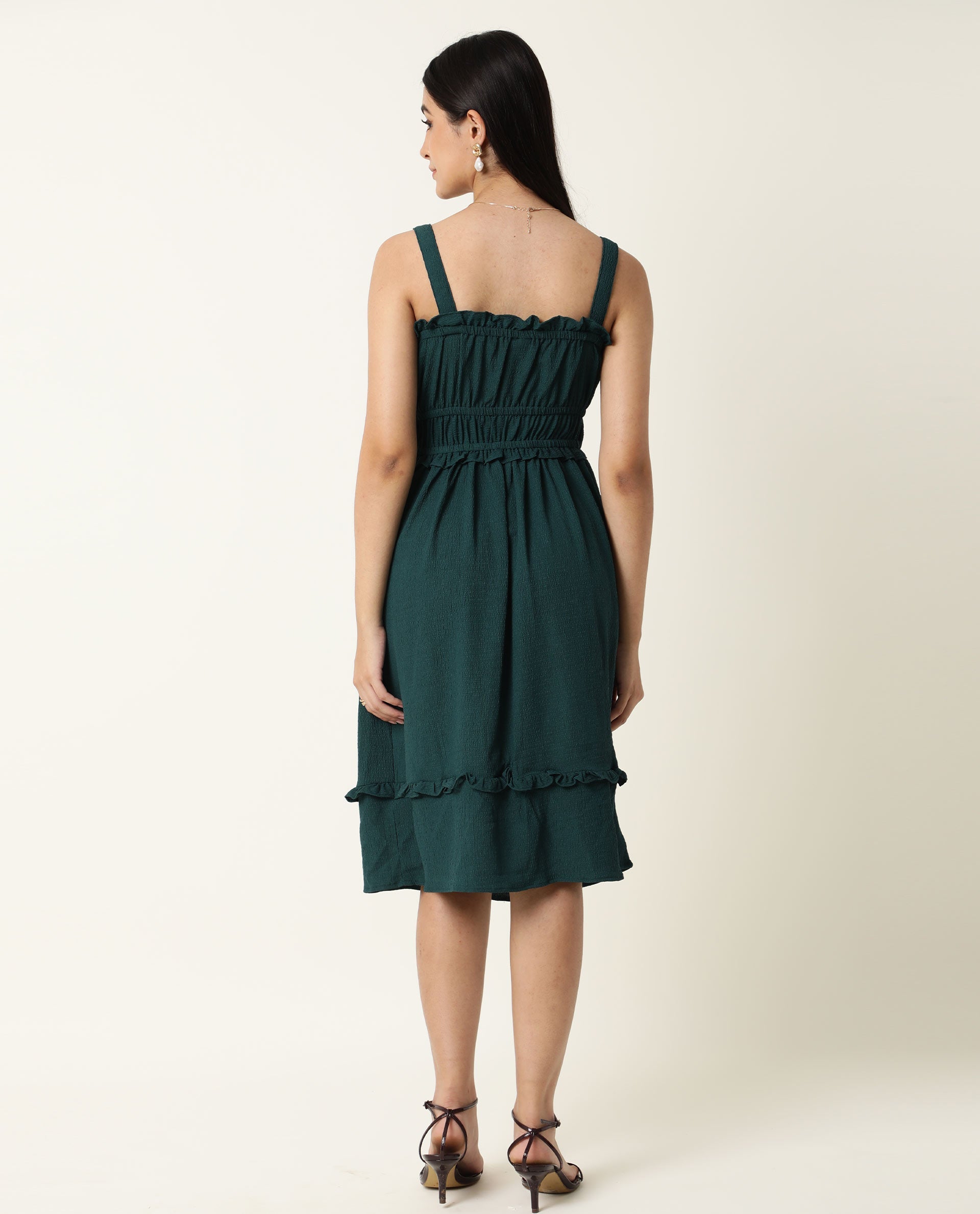 Rareism Women Sickle Green Broad Shoulder Detachable Straps Square Neck Smocking Chest Detail With Ruffled Hem Midi Dress