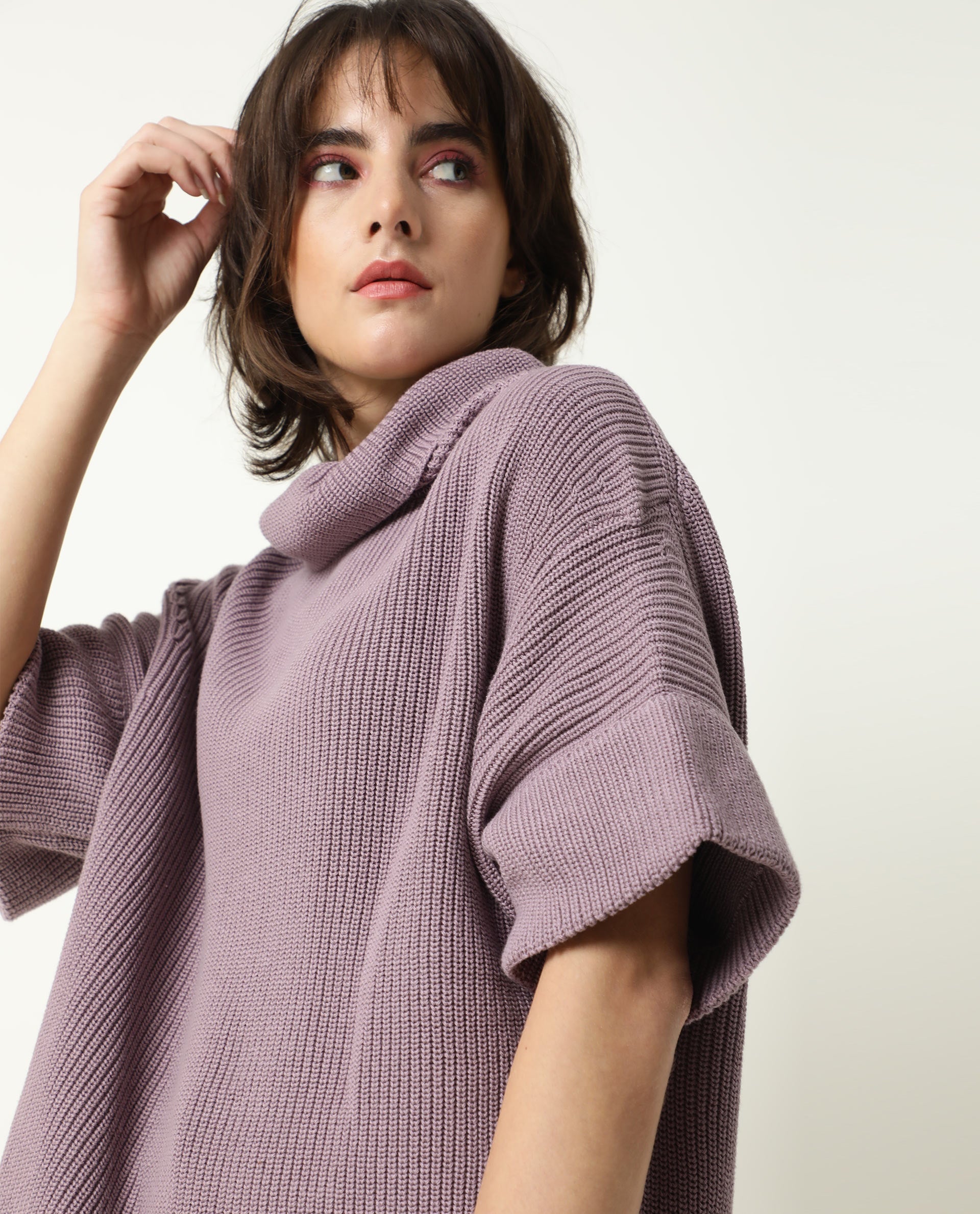 Rareism Women Daffy Purple Cotton Fabric Half Sleeves Relaxed Fit Solid Cowl Neck Sweater
