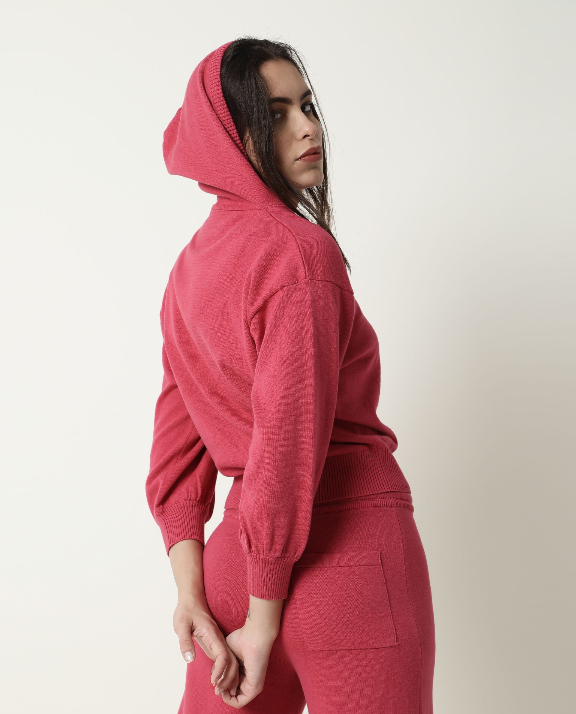 Rareism Women Finn Light Pink Cotton Fabric Straight Fit Full Sleeves Solid Hooded Track Suit