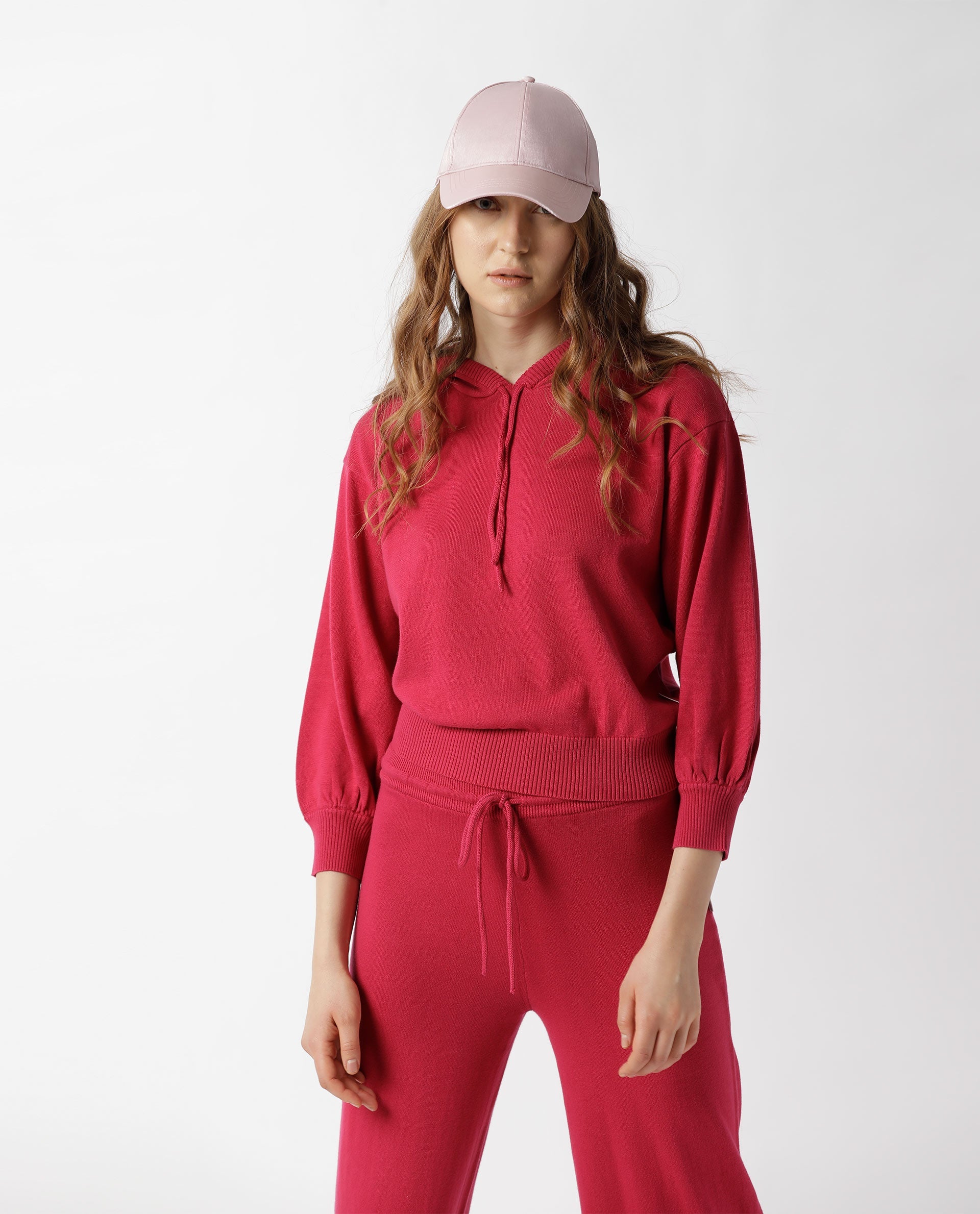 Rareism Women Finn Dark Pink Cotton Fabric Relaxed Fit Full Sleeves Solid Knee Length Hooded Track Suit