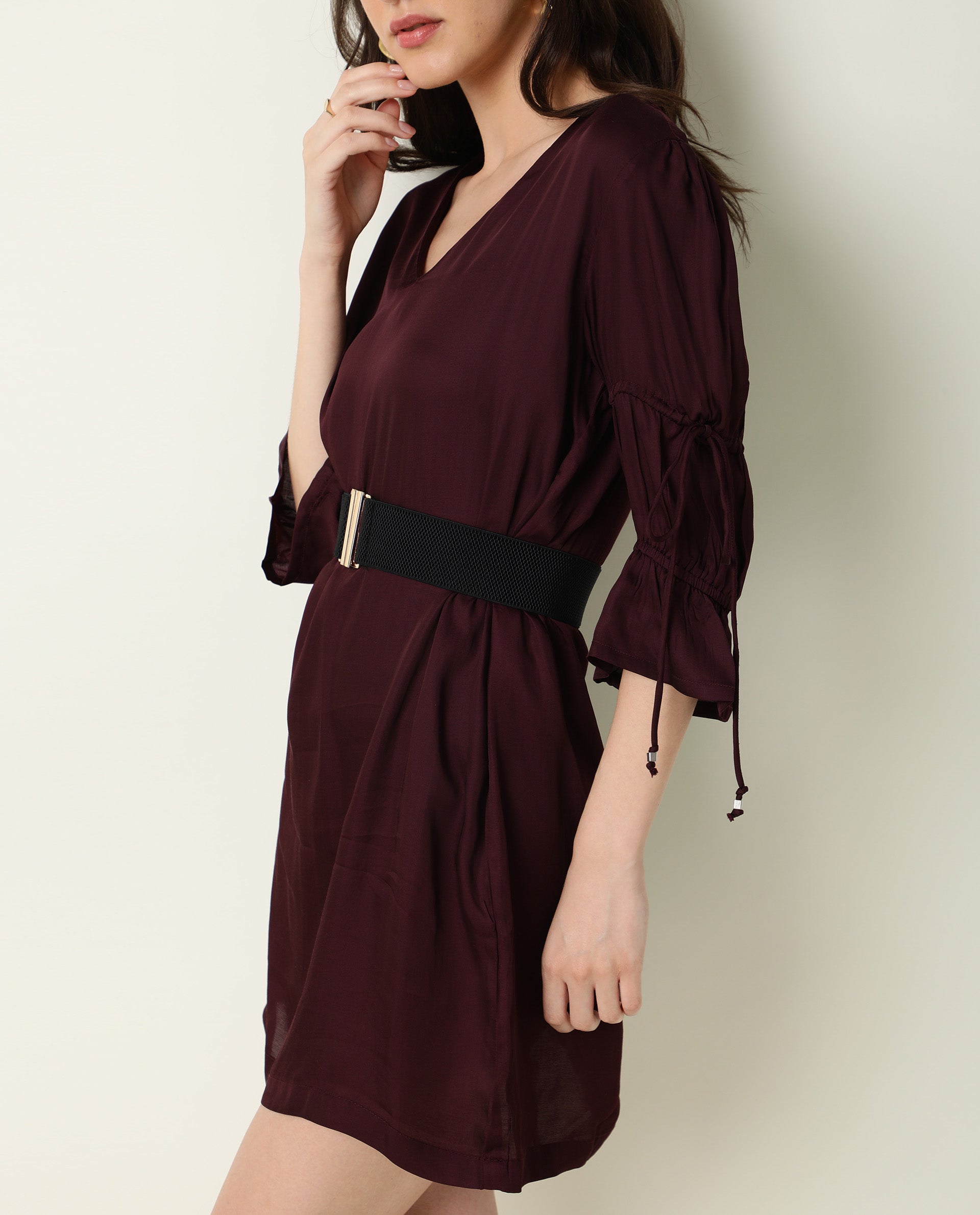 Rareism Women Jamm Maroon V Neck 3/4 Sleeves With Tie Up Mini Dress