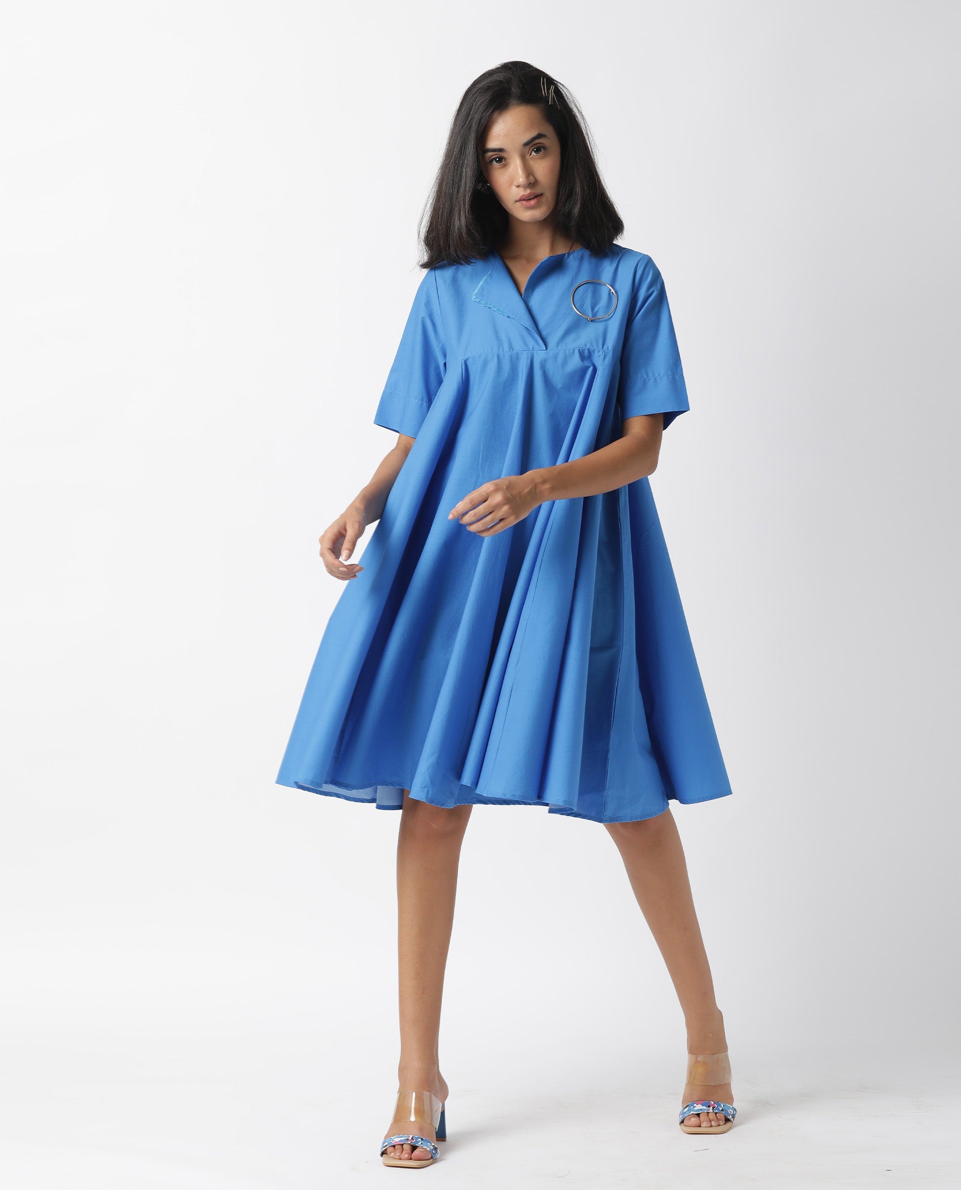 Rareism Women Array Dark Blue Overlap Lapel Collar Short Sleeves Flared Knee Length Dress