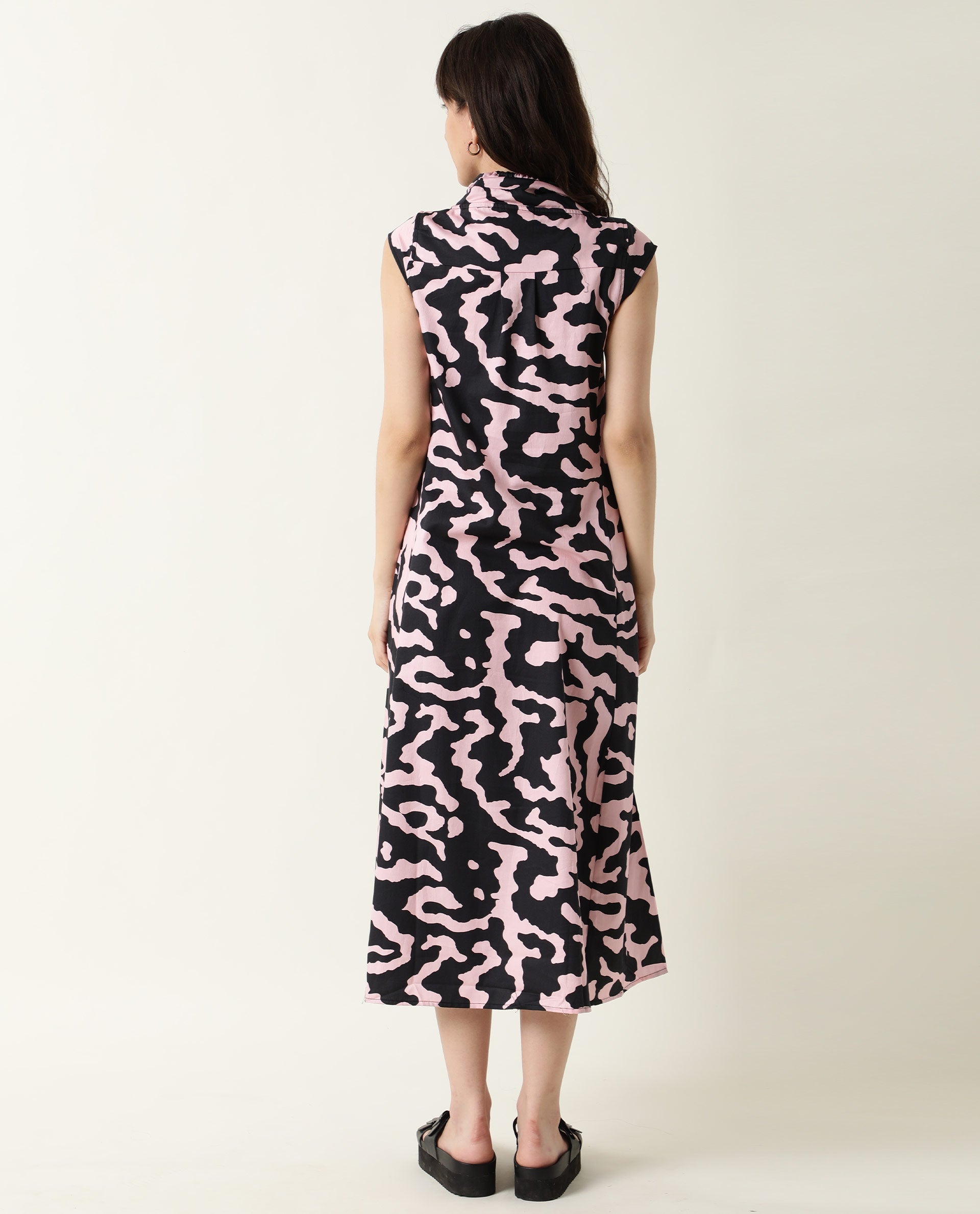 Rareism Womens Santro Black Dress Cotton Satin Fabric Regular Fit Short Sleeve High Neck