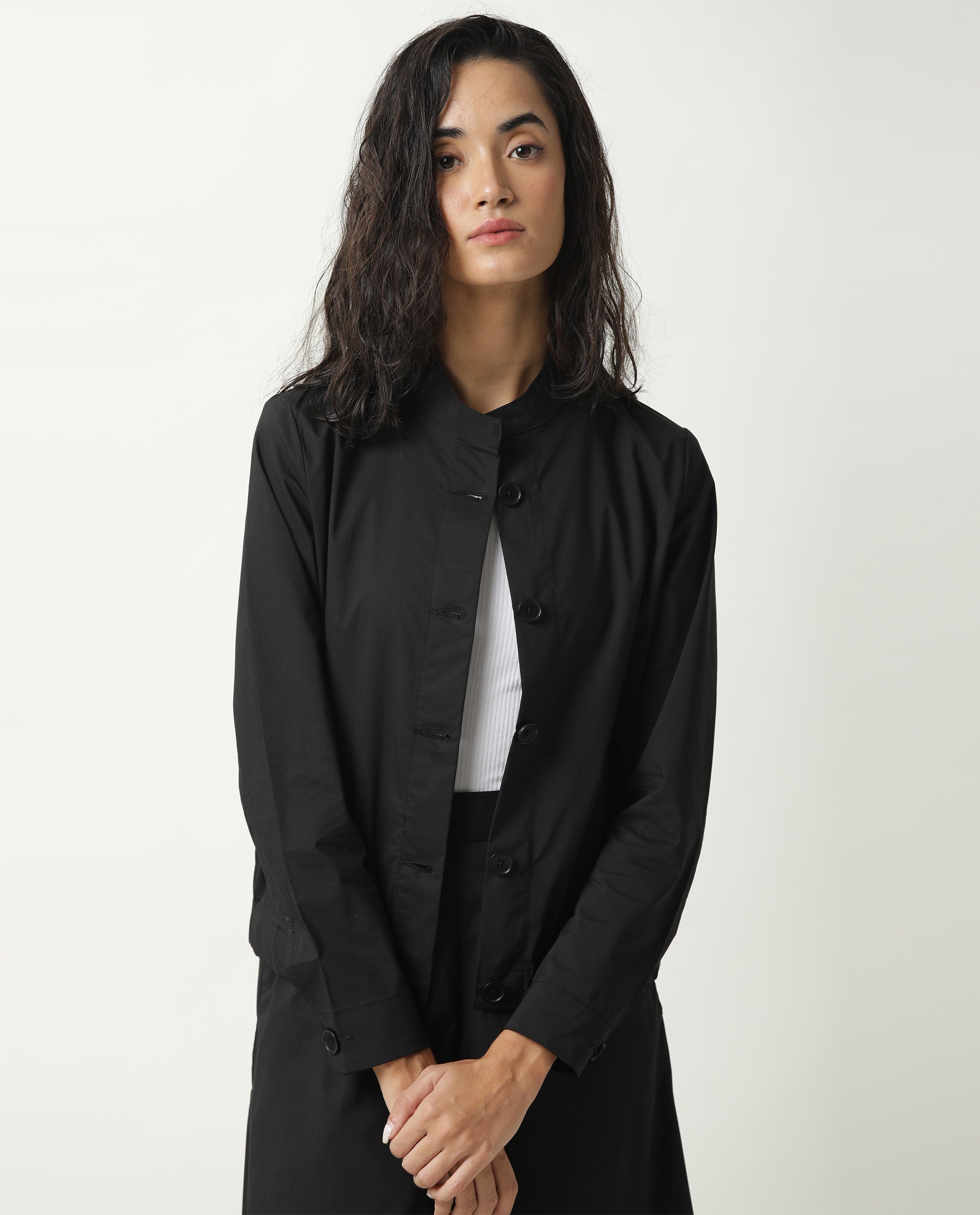 Rareism Women Aomori Black Poly Lycra Fabric Full Sleeves Solid Mandarin Collar Jacket