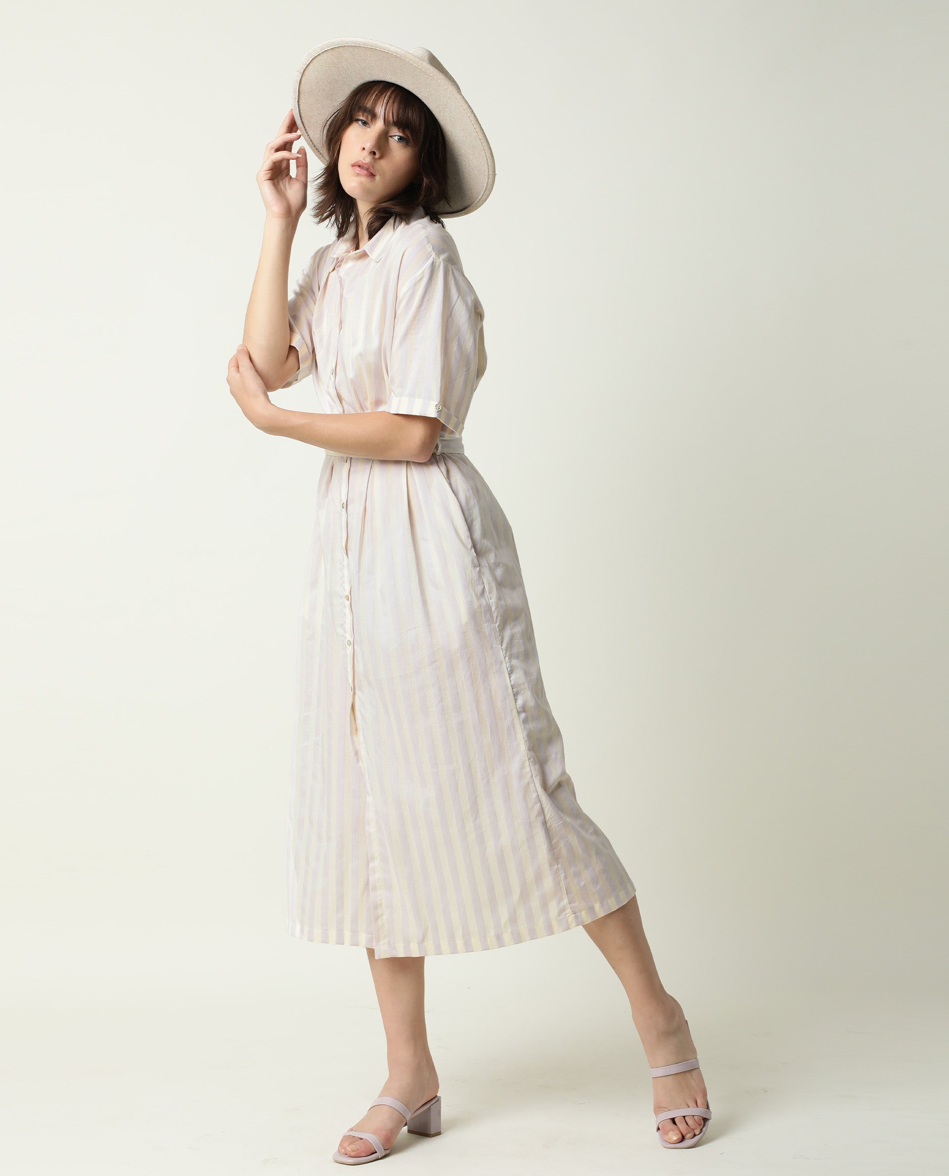 Rareism Women Paris Yellow Shirt Collar Half Sleeves Front Placket Button Closure With Fabric Waist Belt Midi Dress