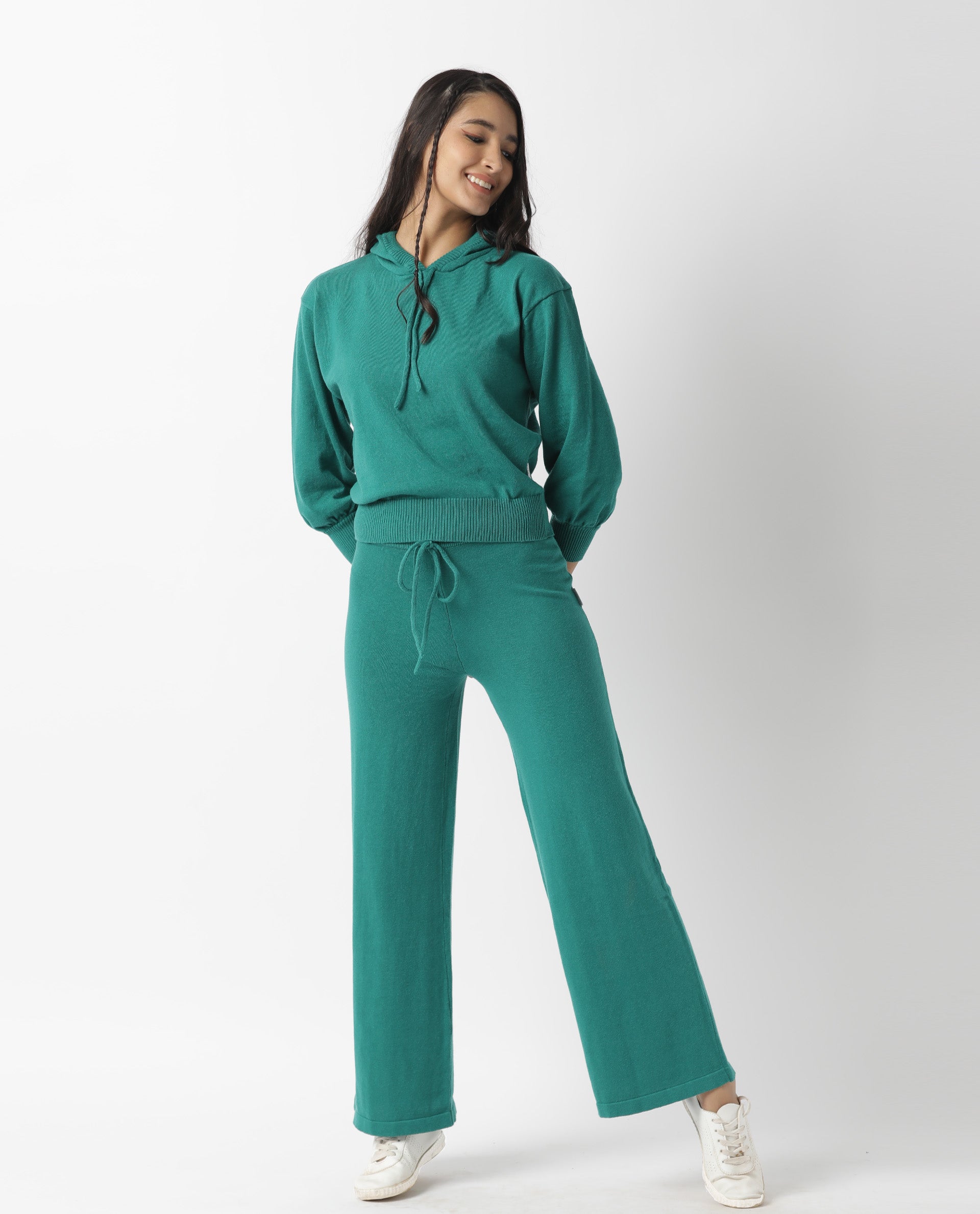 Rareism Women Finn Green Cotton Fabric Relaxed Fit Full Sleeves Solid Knee Length Hooded Track Suit