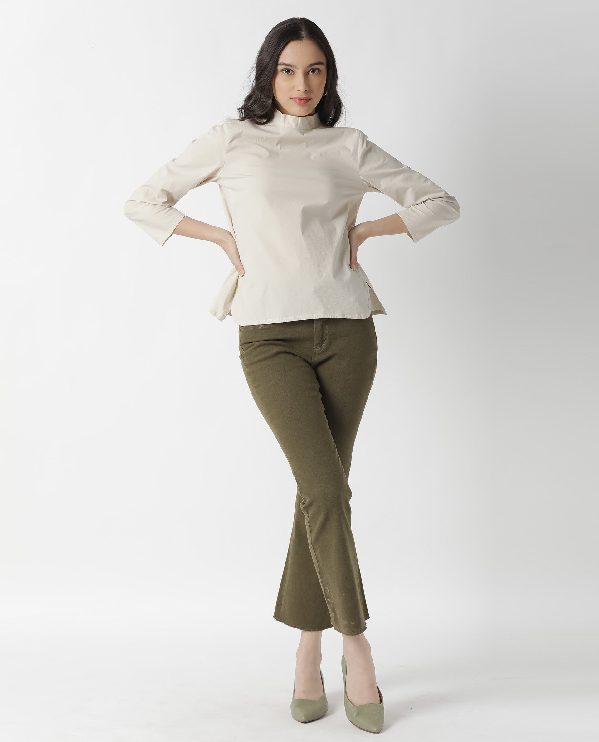Rareism Womens Monet Beige Top Cotton Lycra Fabric Regular Fit 3/4 Sleeve Collared Neck