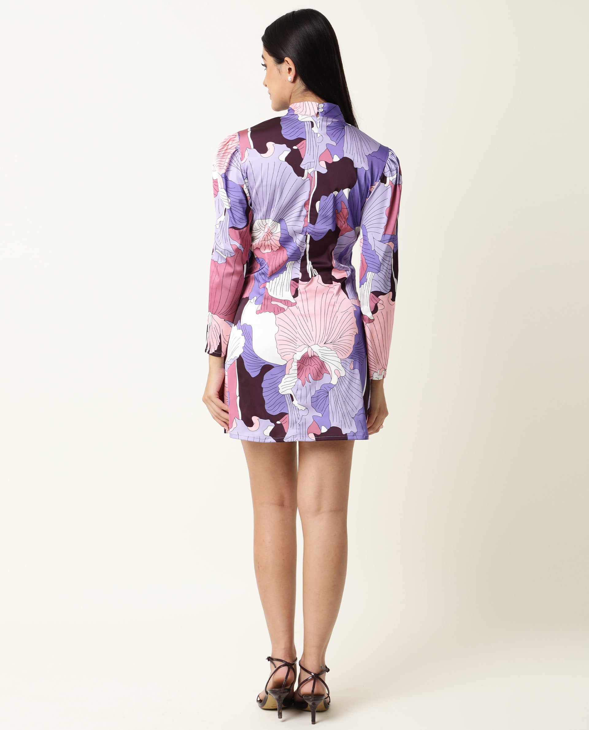 Rareism Women Mylah Multi Floral Print High Neck Collar Full Sleeves With Pockets Mini Dress