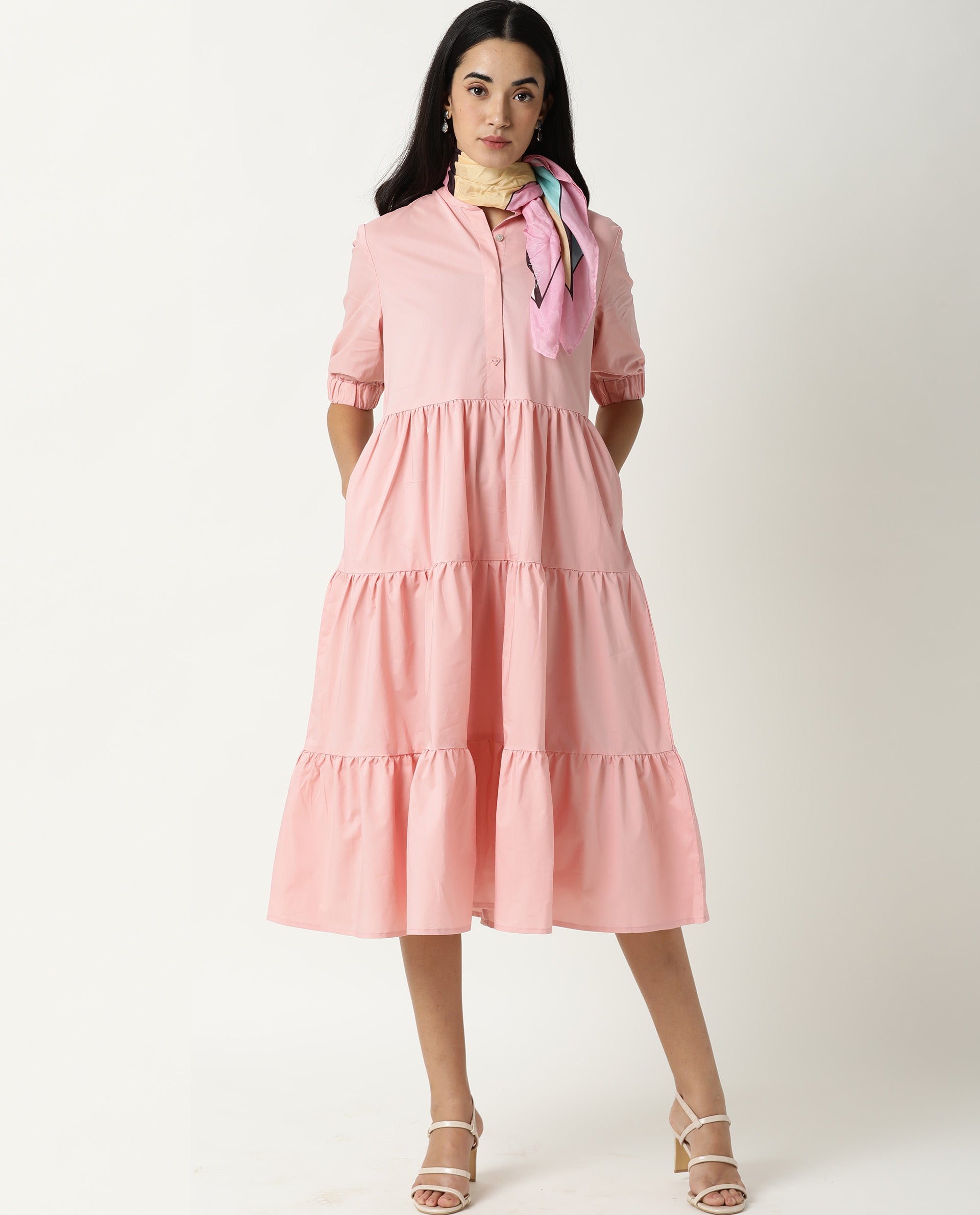 Rareism Women Alena Pink Mandarin Collar 3/4 Sleeves With Pocket Tiered Knee Length Dress