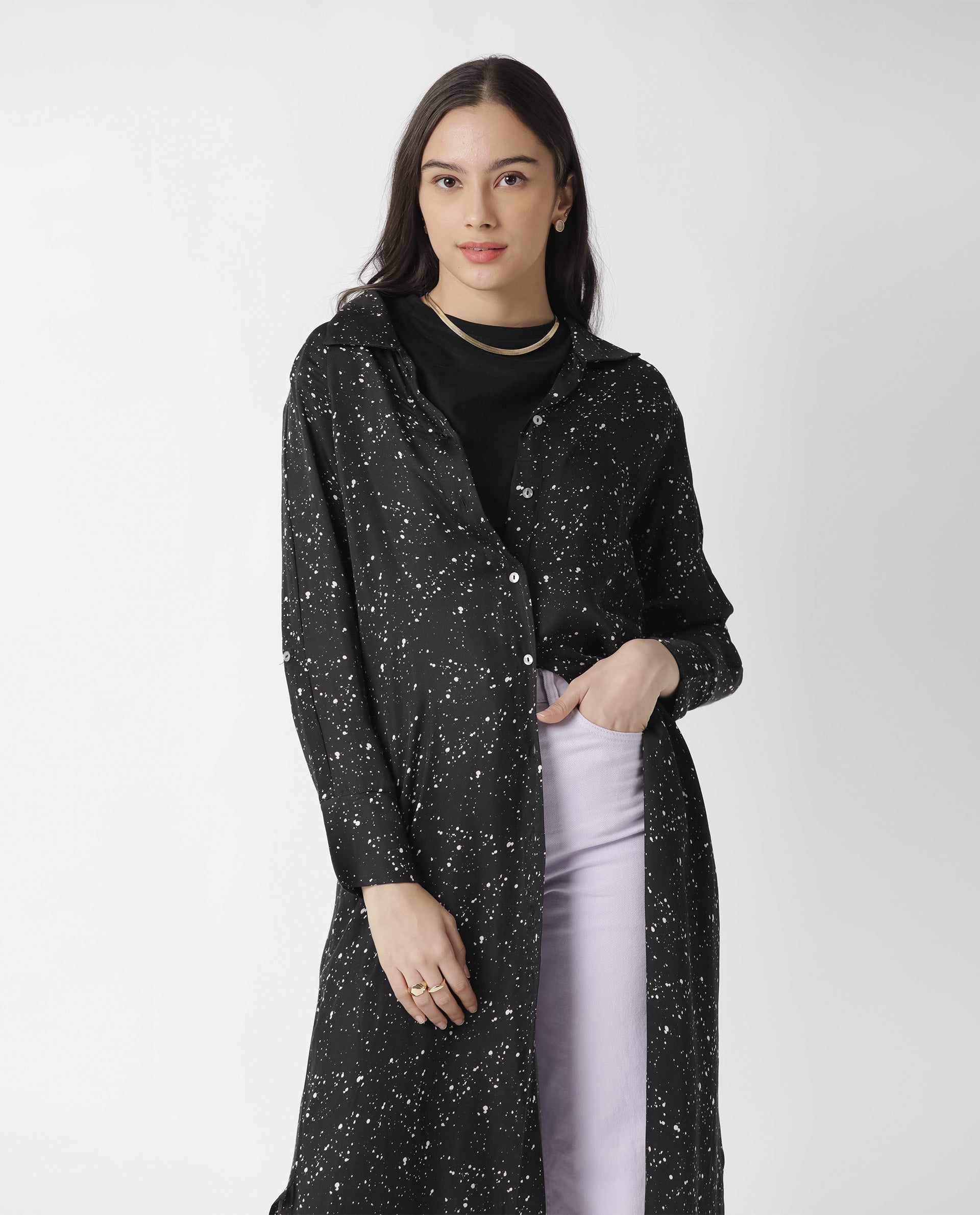 Rareism Womens Timid Black Dress Modal Fabric Regular Fit 3/4 Sleeve Collared Neck