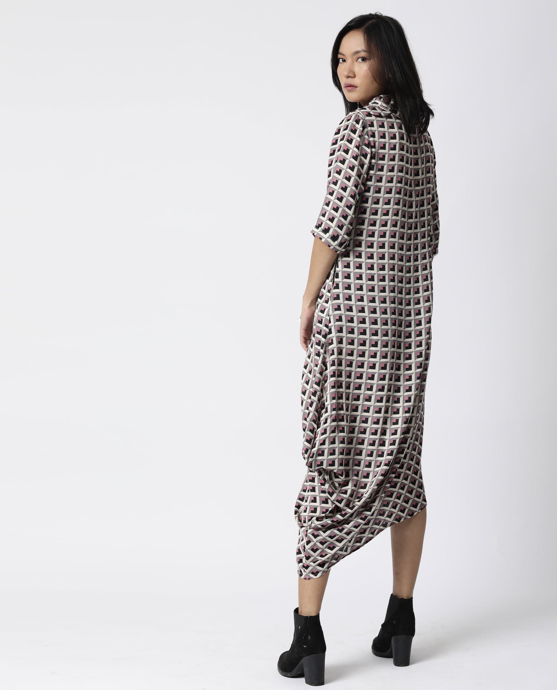 Rareism Women Auto Beige Dress Short Sleeves Printed