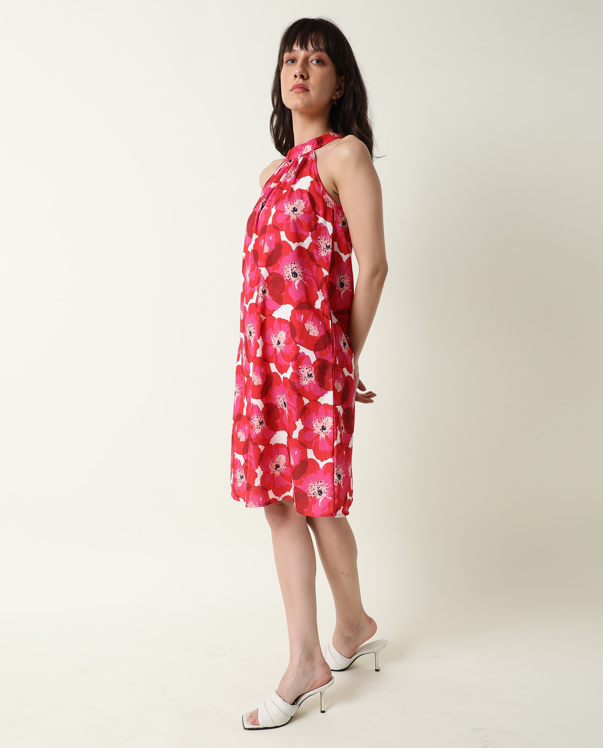 Rareism Women Oasis Red Floral Print Gathered Halter Neck Sleeveless With Pockets Knee Length Dress