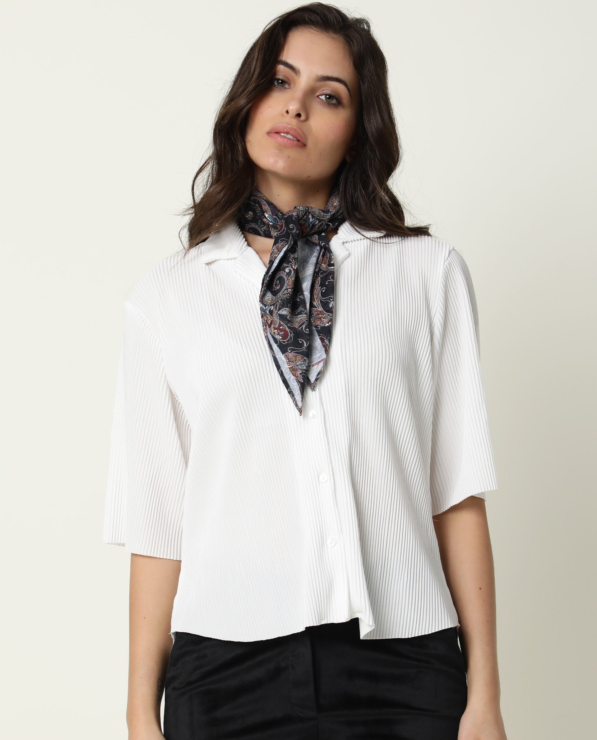 Rareism Womens Hoops White Top Polyester Fabric Fitted Fit Half Sleeve Collared Neck