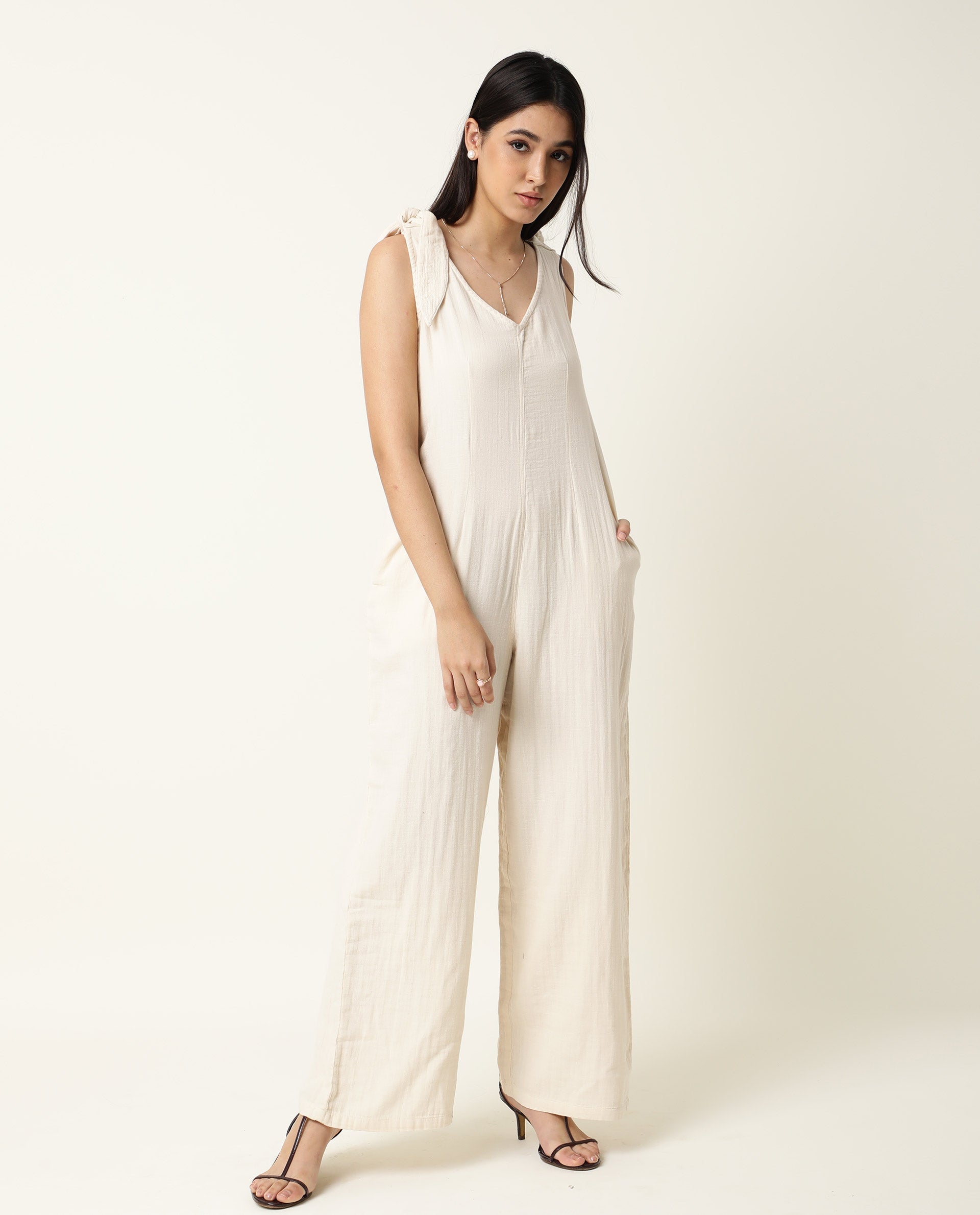 Rareism Women Peanut Beige Cotton Fabric Tailored Fit Knee Length Solid Jumpsuit