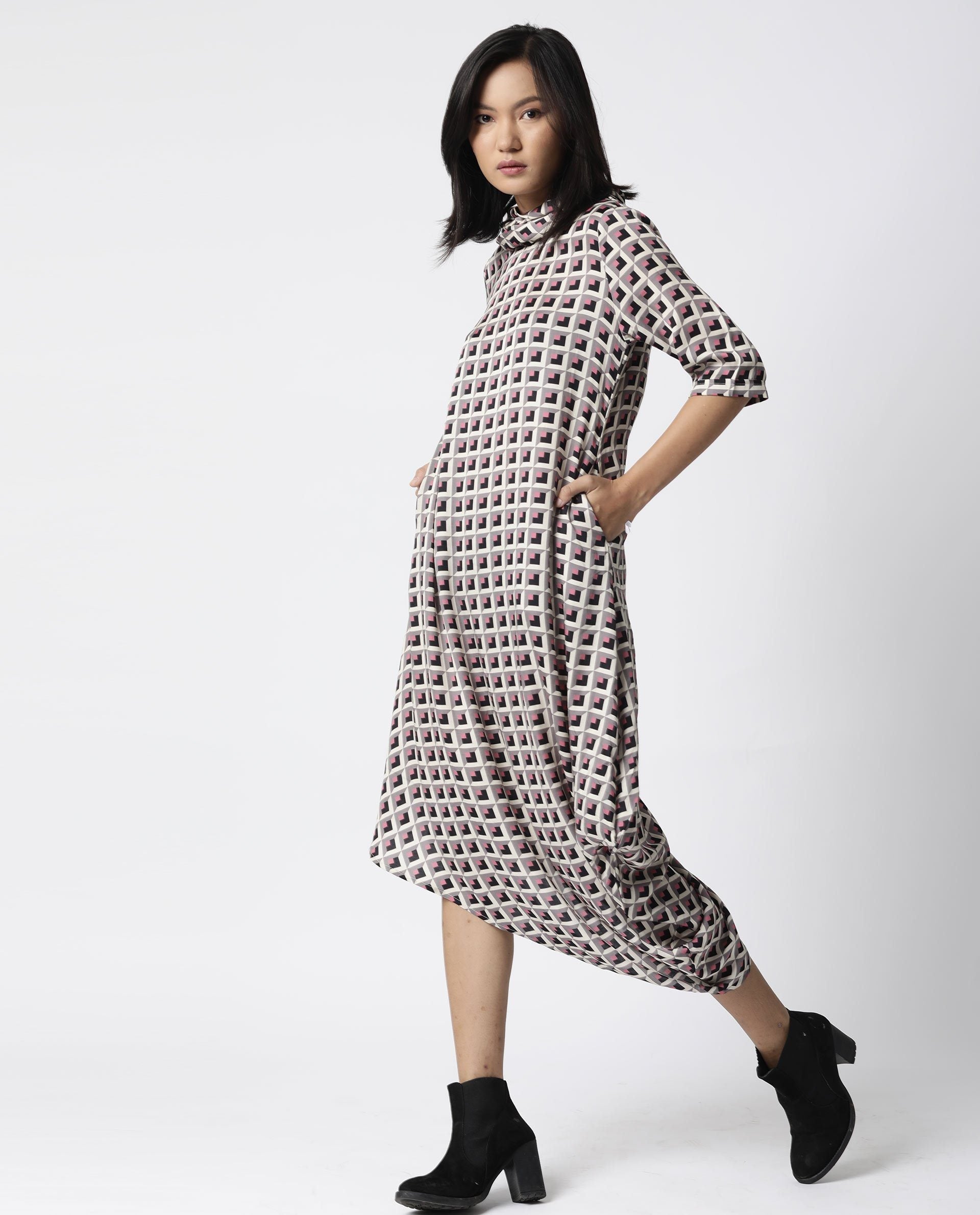 Rareism Women Auto Beige Dress Short Sleeves Printed