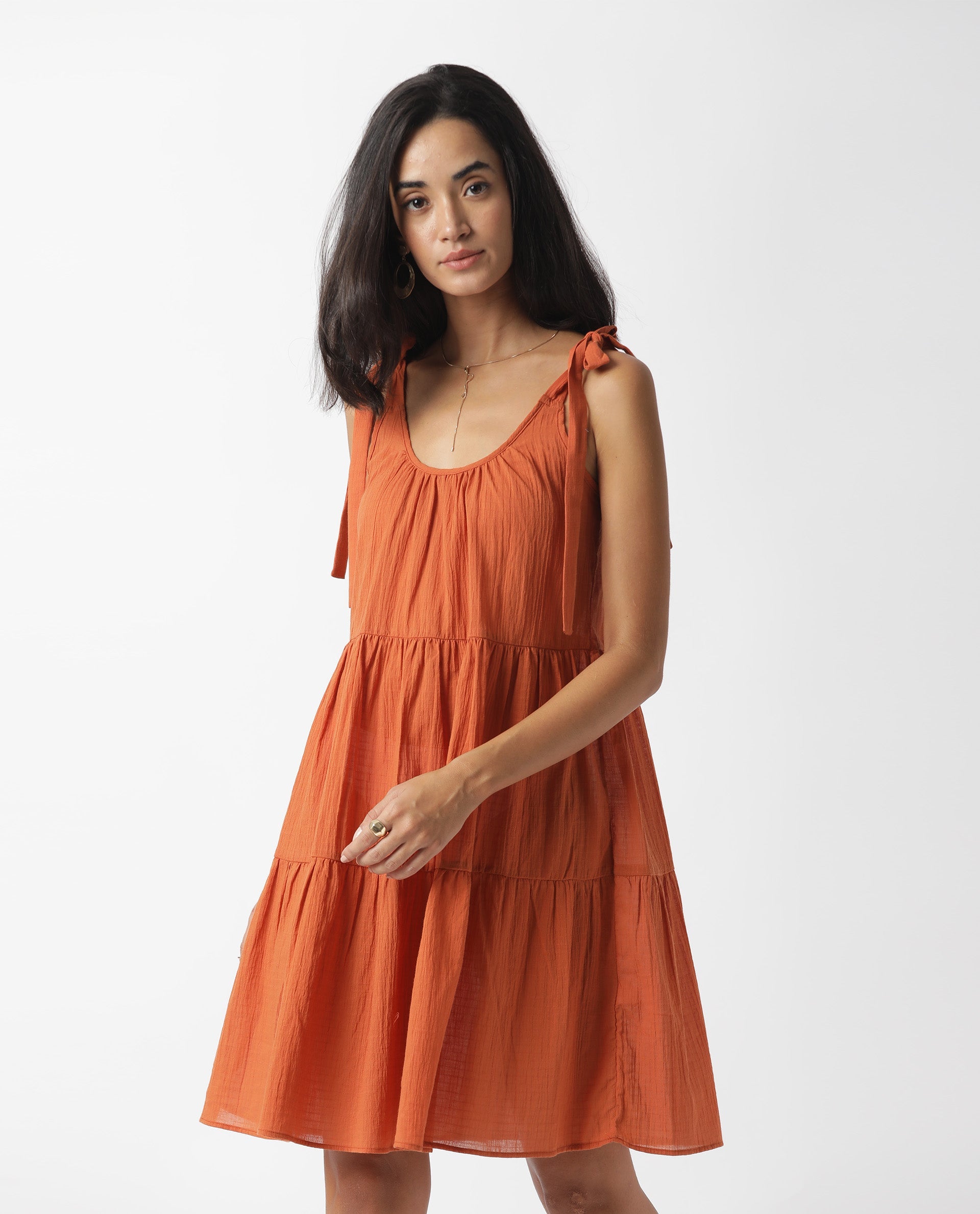 Rareism Women Melt Dark Rust Round Neck Tie Up Shoulder Straps Tiered Knee Length Dress