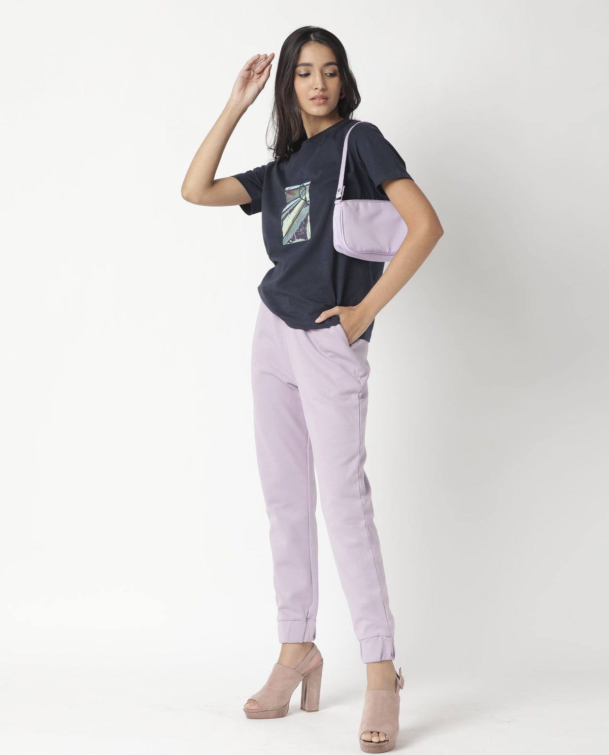 Rareism Women Gulf Navy Cotton Fabric Regular Fit Half Sleeves Graphic Print Crew Neck T-Shirt