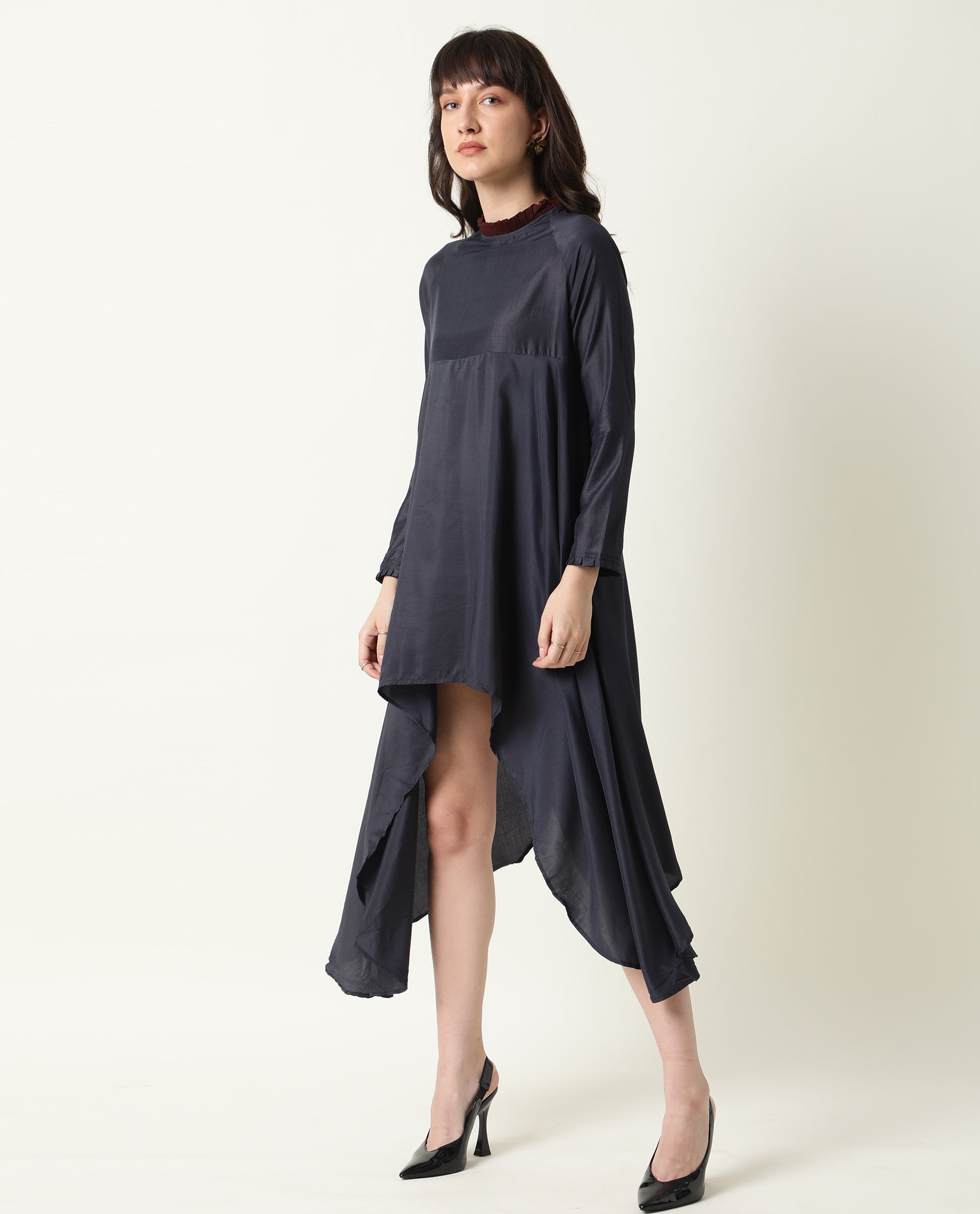 Rareism Womens Falcon Navy Dress Polyester Fabric Relaxed Fit Full Sleeve Round Neck