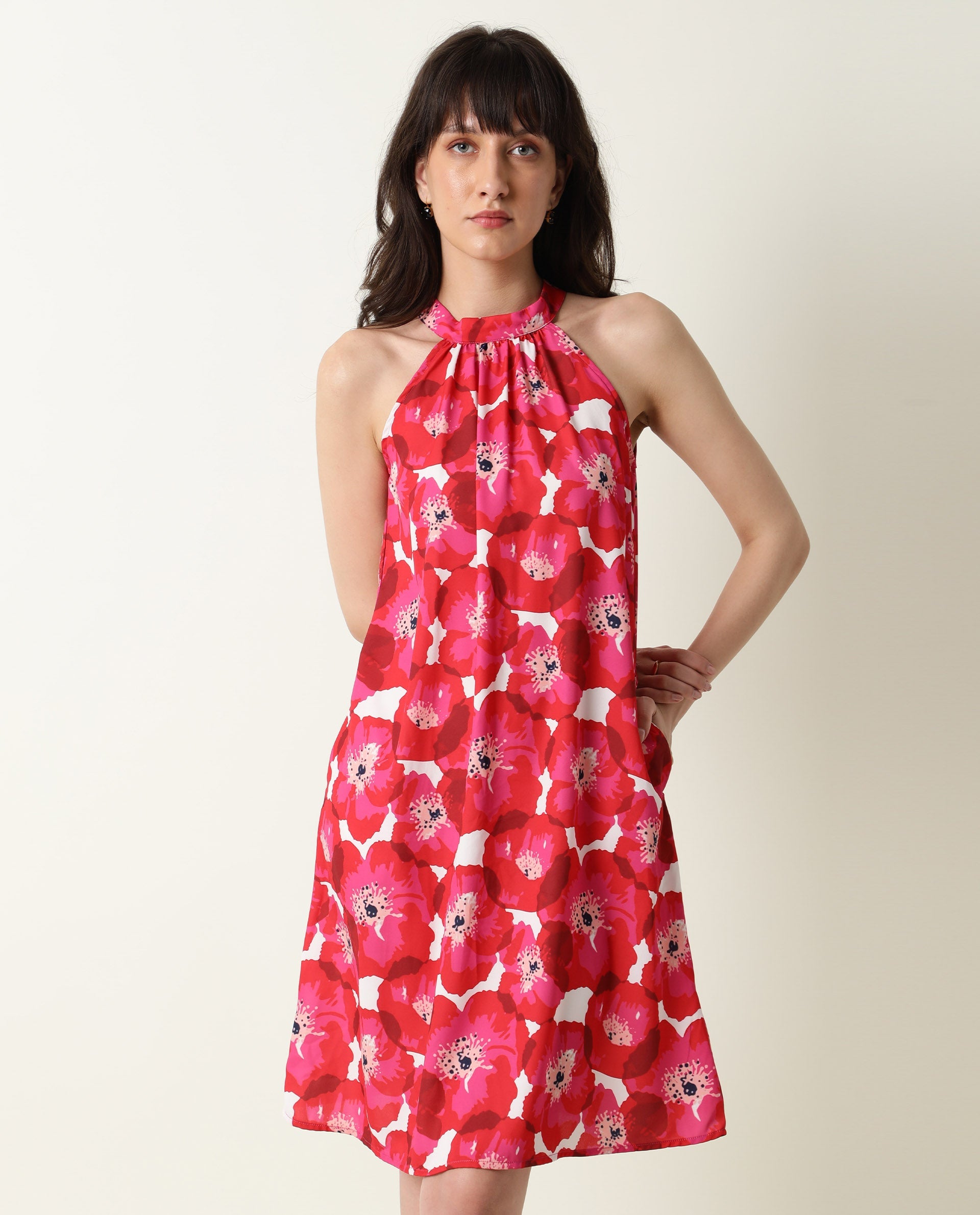 Rareism Women Oasis Red Floral Print Gathered Halter Neck Sleeveless With Pockets Knee Length Dress