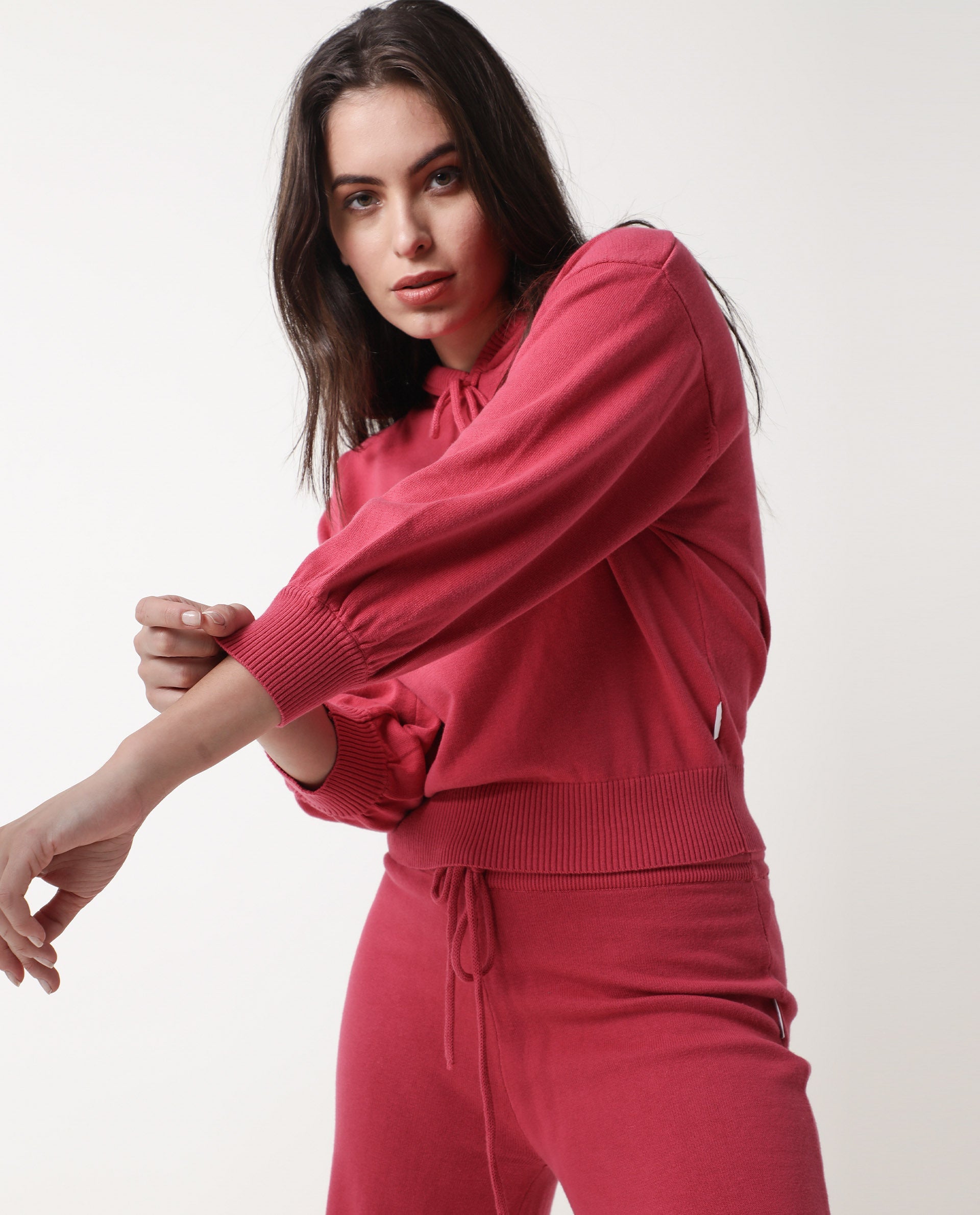 Rareism Women Finn Light Pink Cotton Fabric Straight Fit Full Sleeves Solid Hooded Track Suit