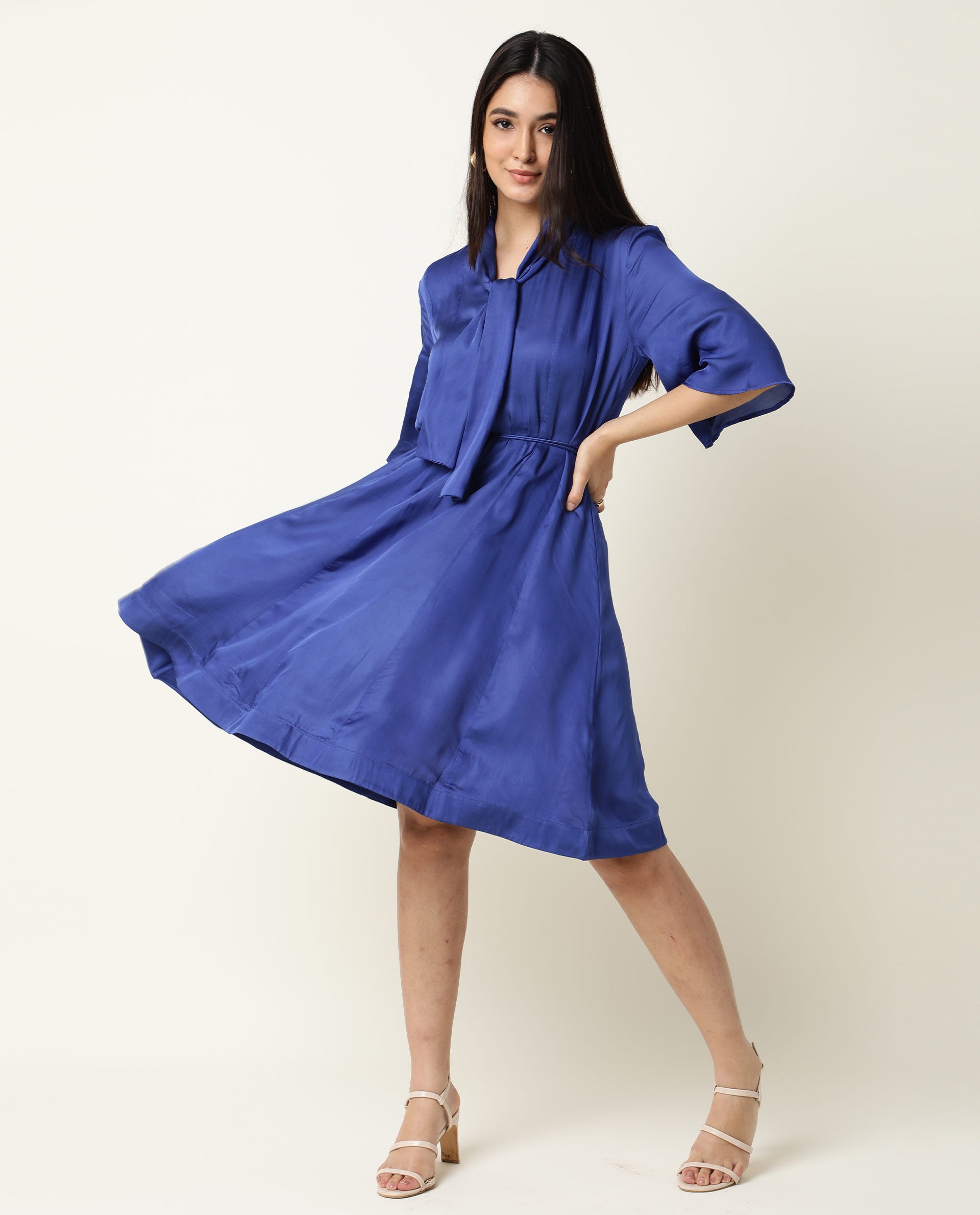 Rareism Women Yeme Blue V Neck With Tie Up Flared Sleeves Mini Dress