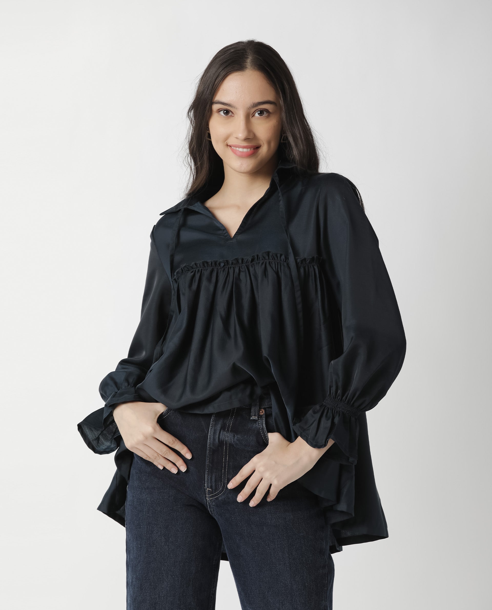 Rareism Women Poet Petrol Polyester Fabric Relaxed Fit Tie-Up Neck Full Sleeves Solid Top