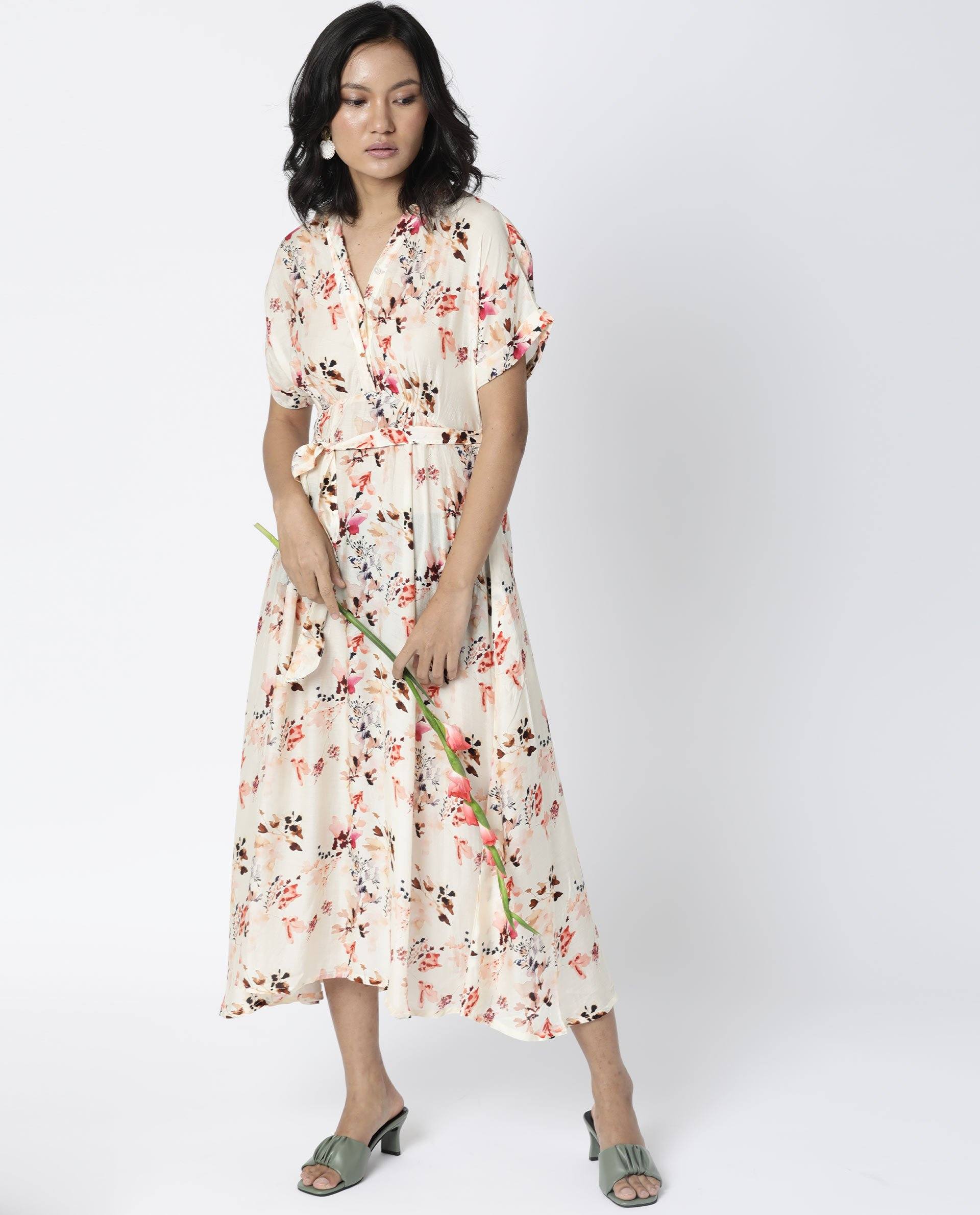 Rareism Womens Fling Off White Dress Cotton Silk Fabric Relaxed Fit Drop Shoulder Half Sleeve A Line Dress Long Length