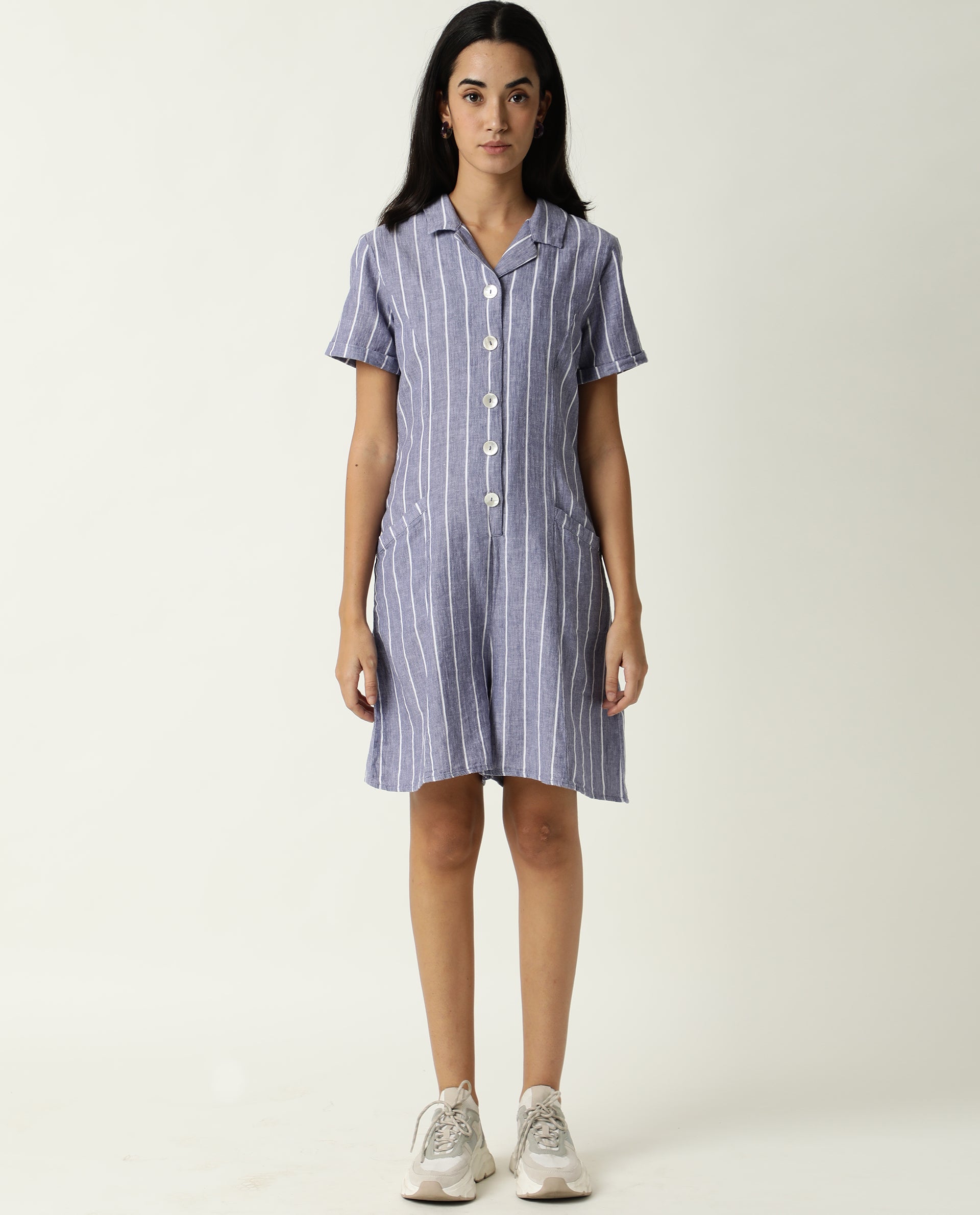 Rareism Women Lucio Blue Cotton Linen Fabric Tailored Fit Shirt Collar Striped Playsuit