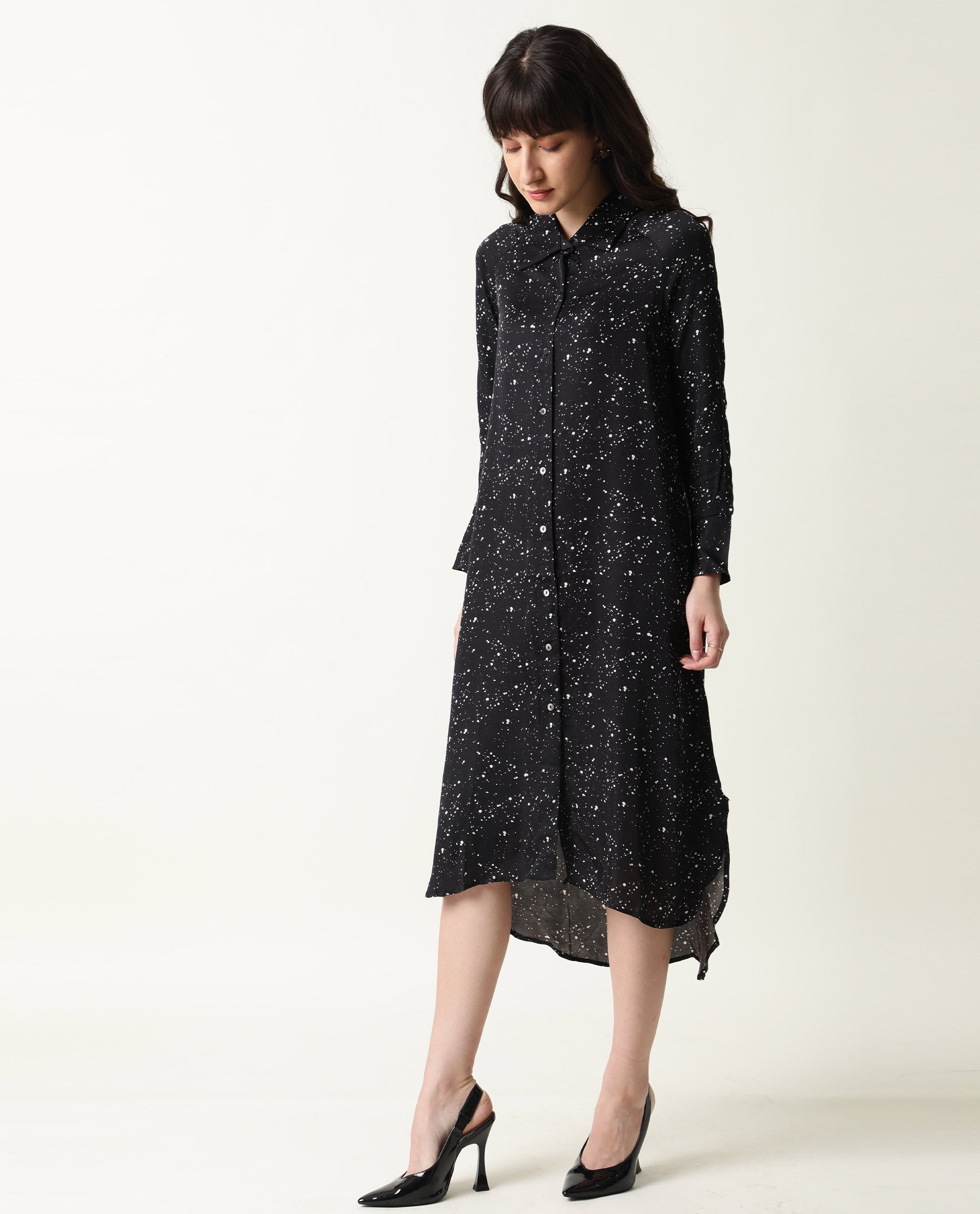 Rareism Womens Timid Black Dress Modal Fabric Regular Fit 3/4 Sleeve Collared Neck