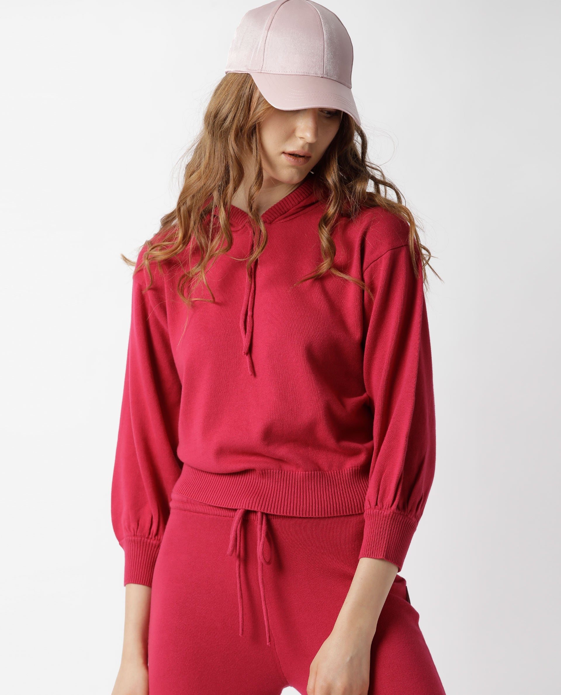 Rareism Women Finn Dark Pink Cotton Fabric Relaxed Fit Full Sleeves Solid Knee Length Hooded Track Suit