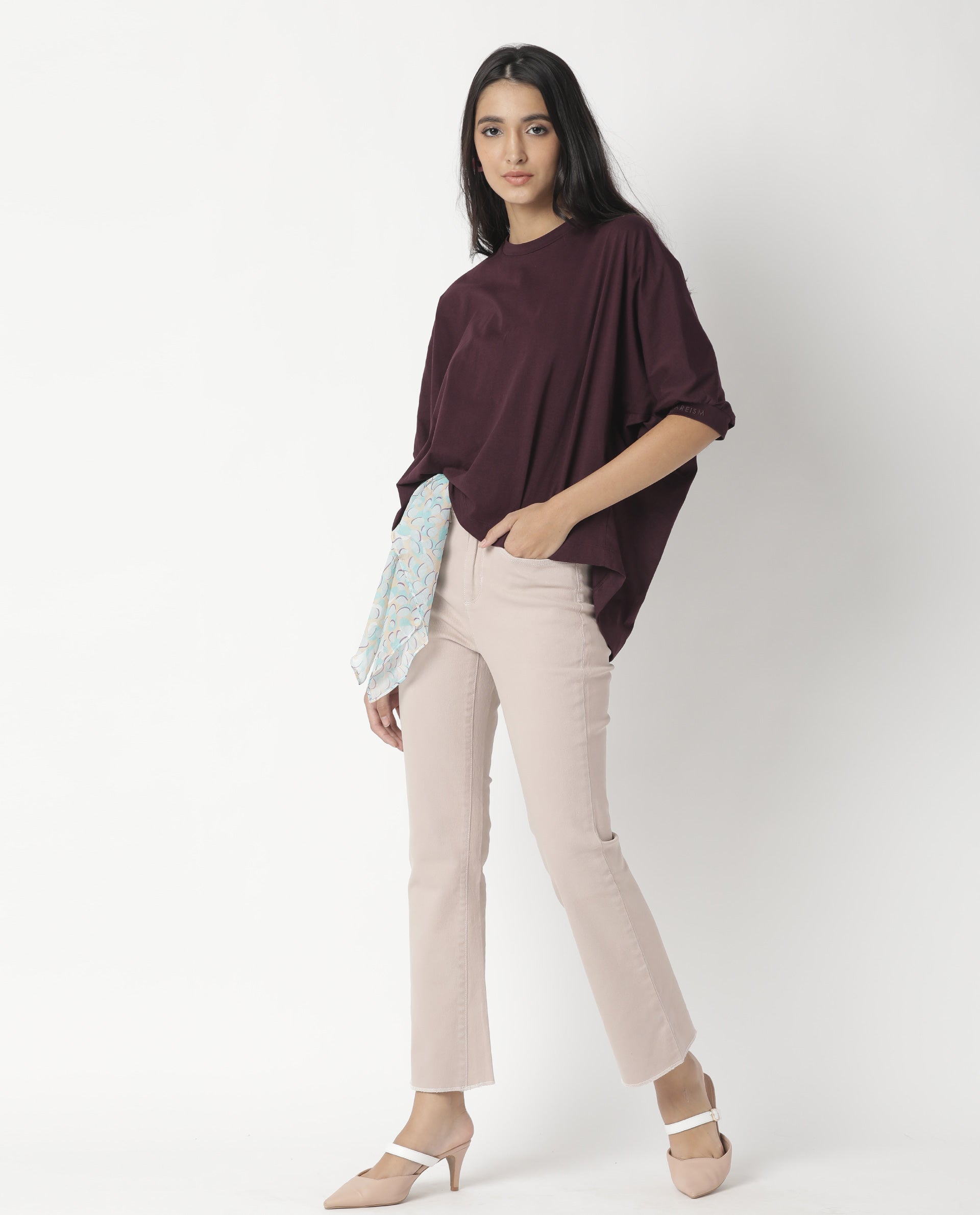 Rareism Womens Osmo Maroon Top Cotton Fabric Regular Fit Volume Sleeve Round Neck