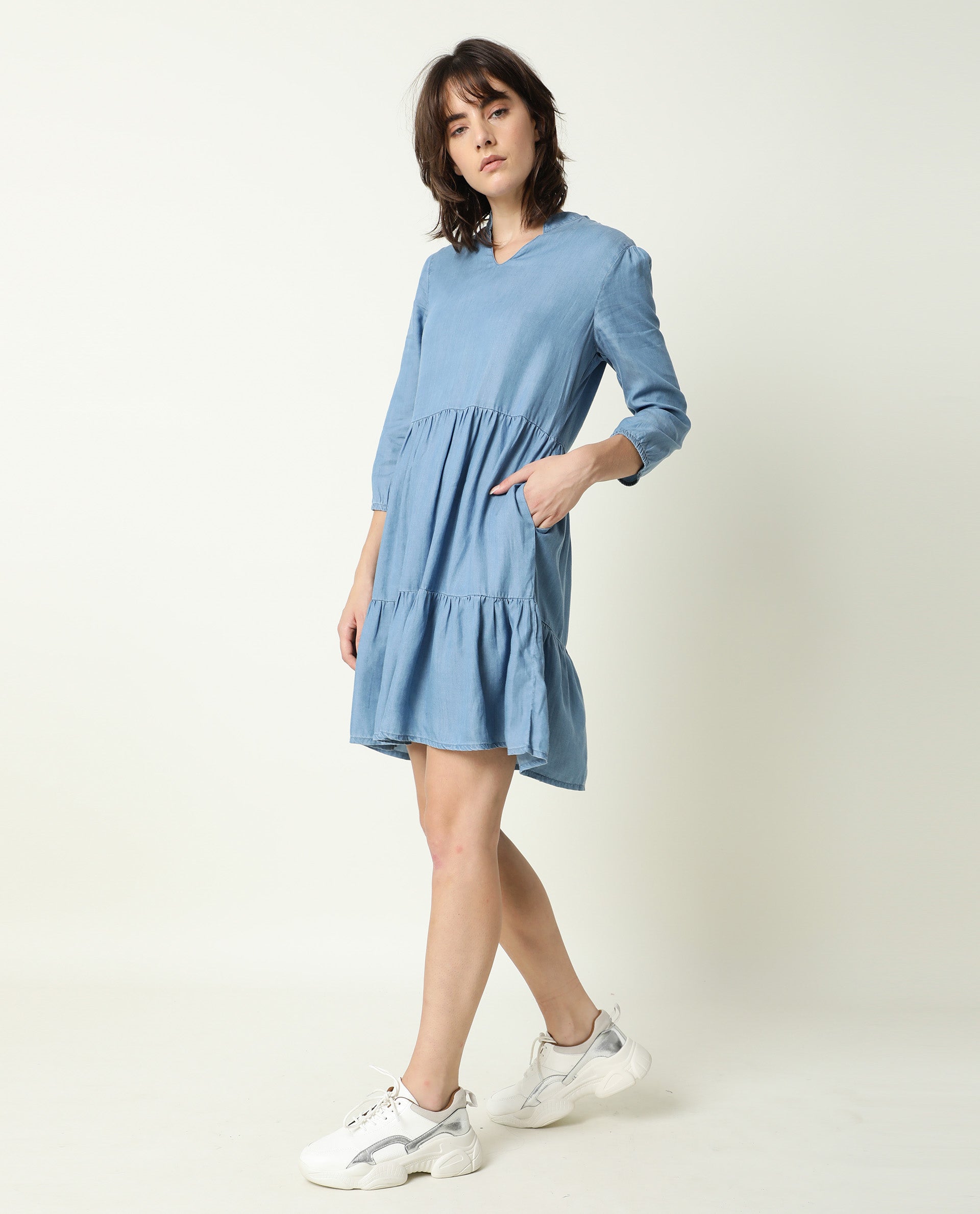 Rareism Women Mayo Blue Mandarin Collar Full Sleeves With Pockets Tiered Knee Length Dress