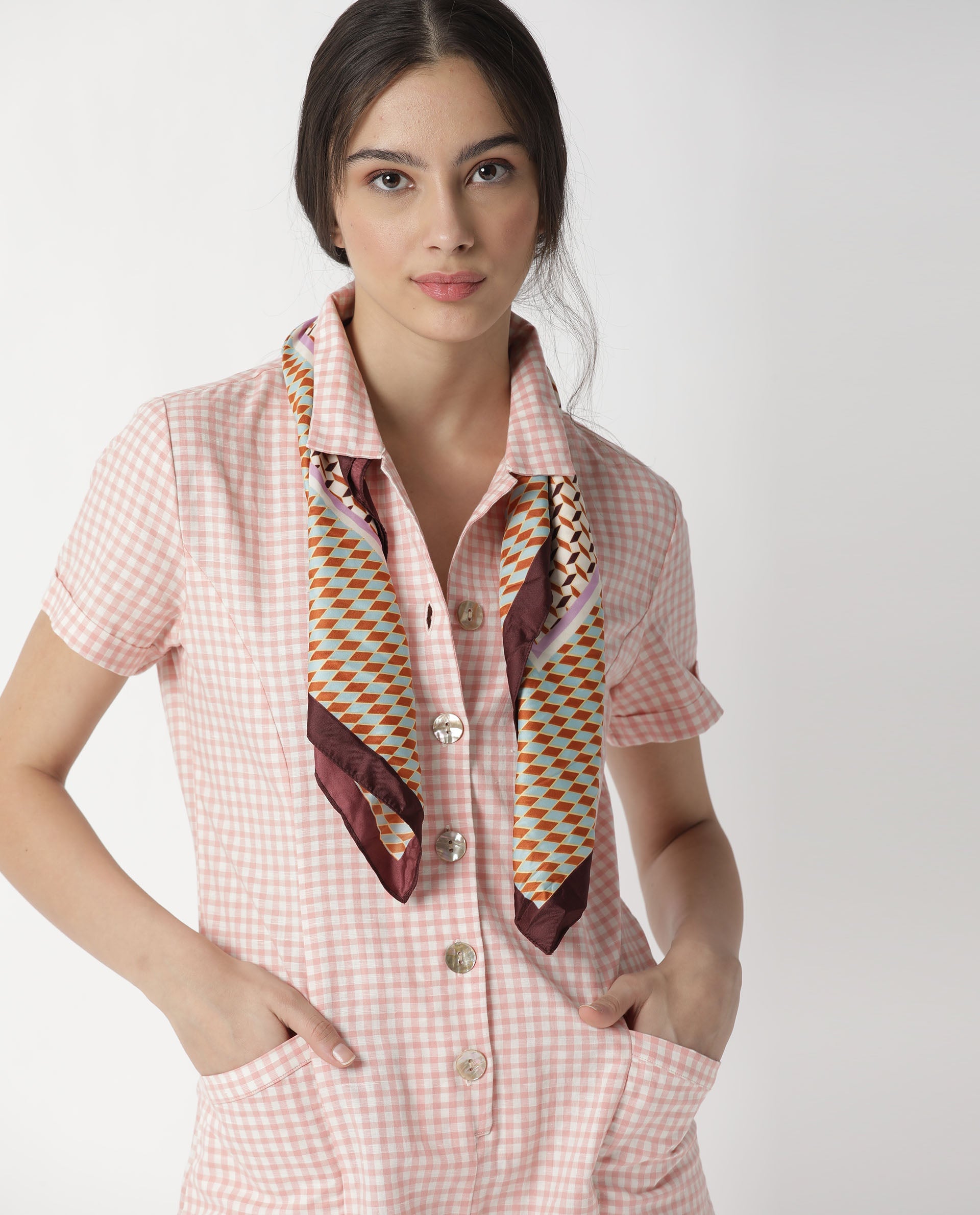 Rareism Women Welt Light Peach Cotton Linen Fabric Regular Fit Lapel Neck Checked Playsuit