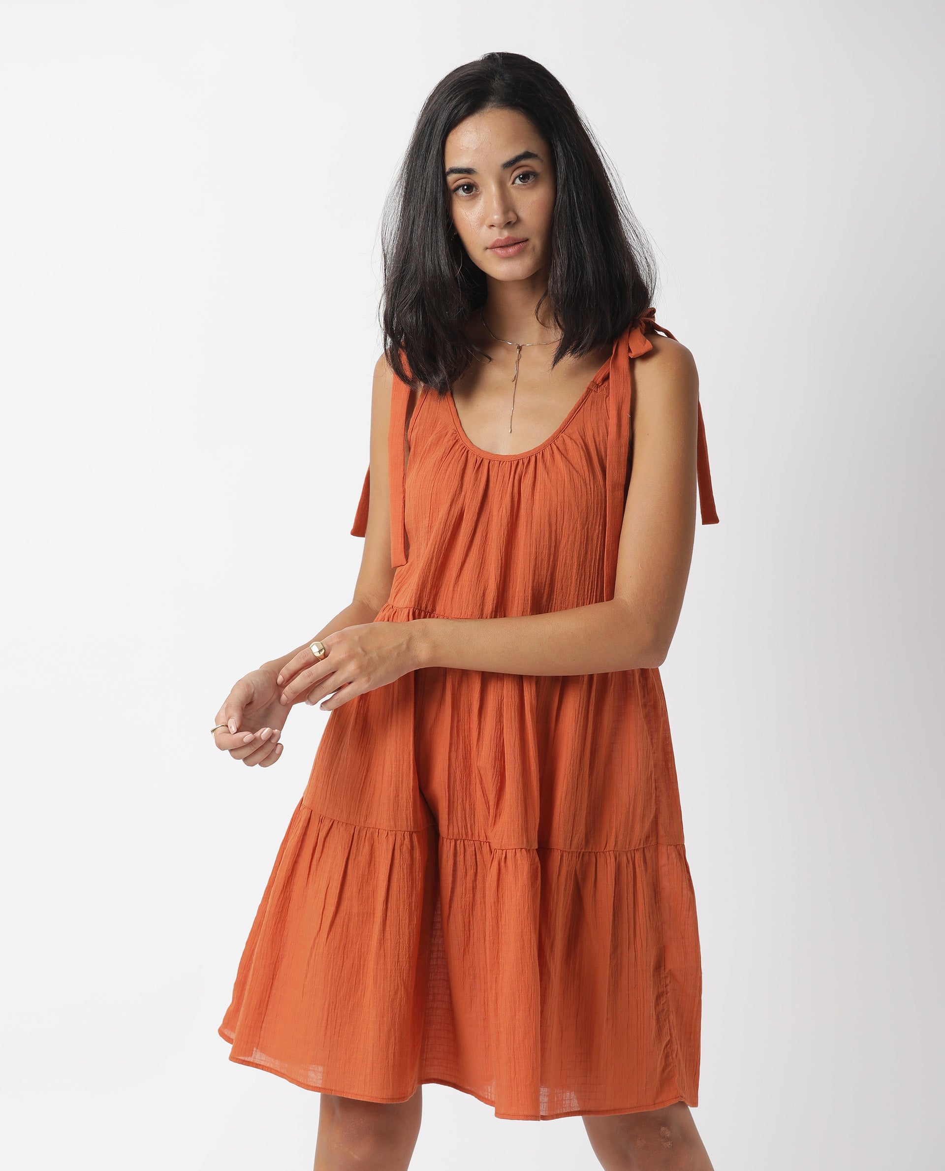 Rareism Women Melt Dark Rust Round Neck Tie Up Shoulder Straps Tiered Knee Length Dress